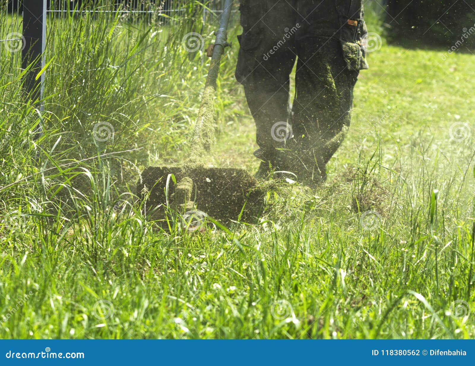 Человек кося зеленое поле одичалой травы используя триммер лужайки ...