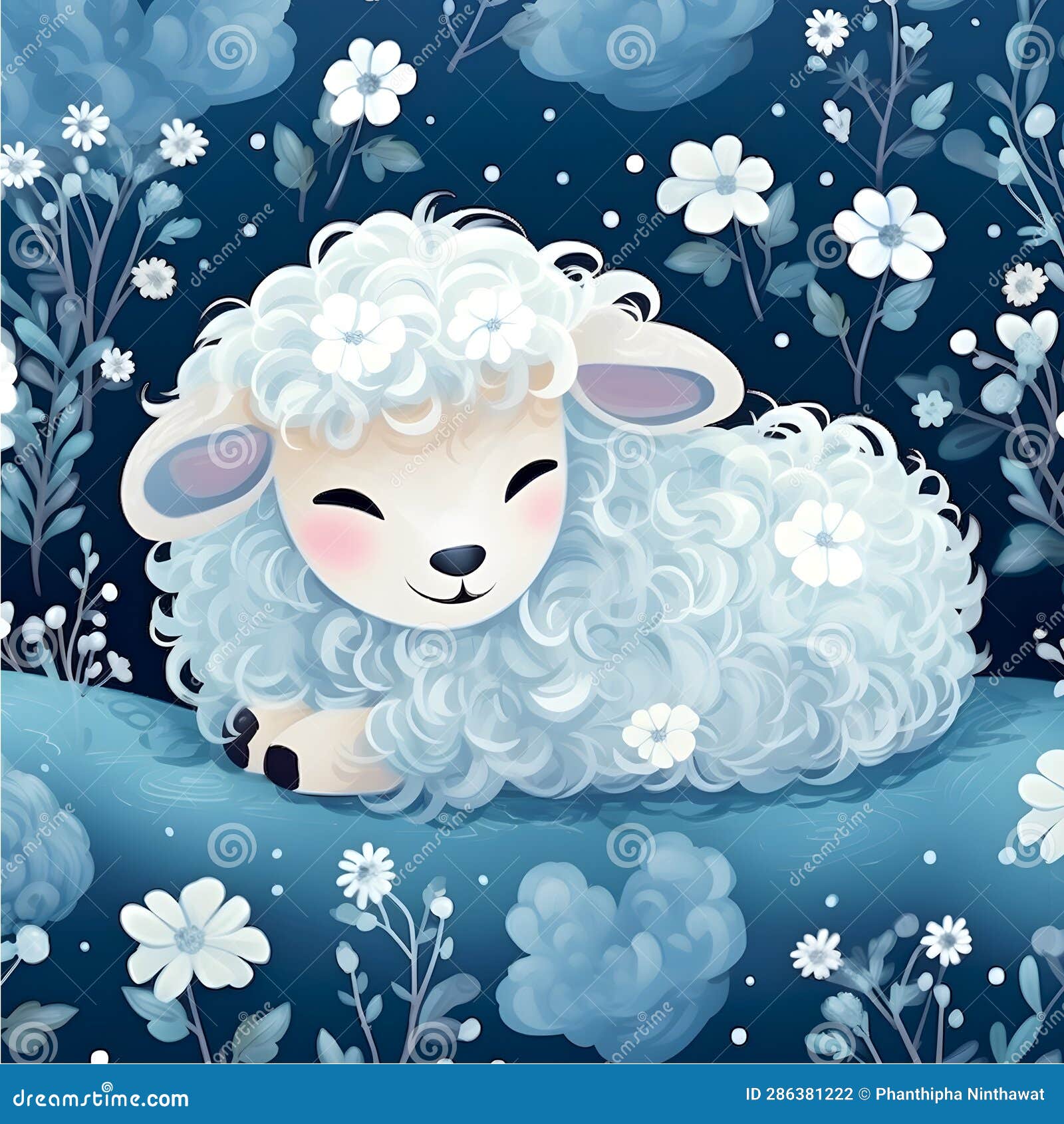 Little Sheep Sleep among the Flowers at Night Stock Illustration