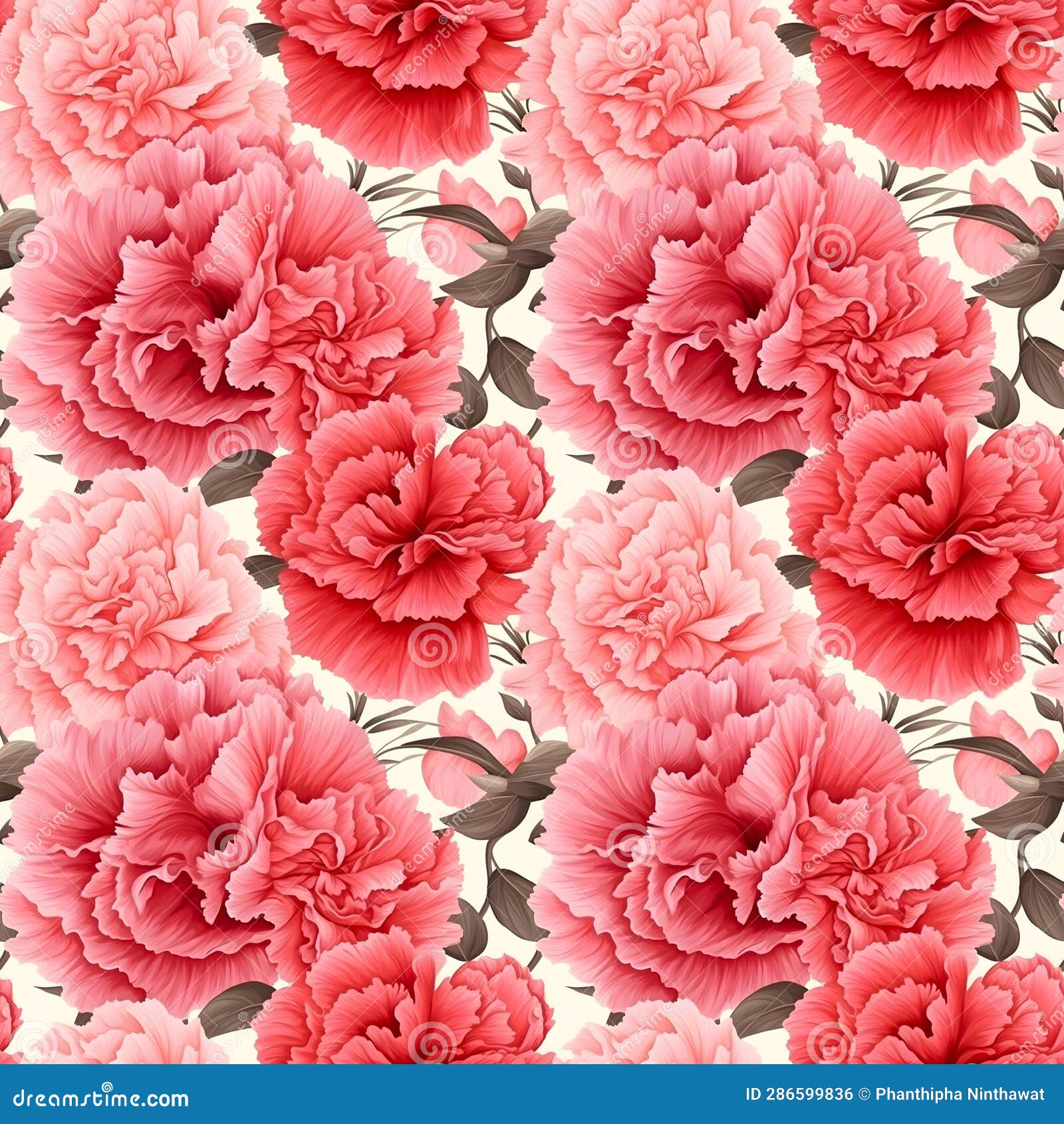 Seamless Pattern Boom Pink Color Big Carnation Flowers Pollen Leaves