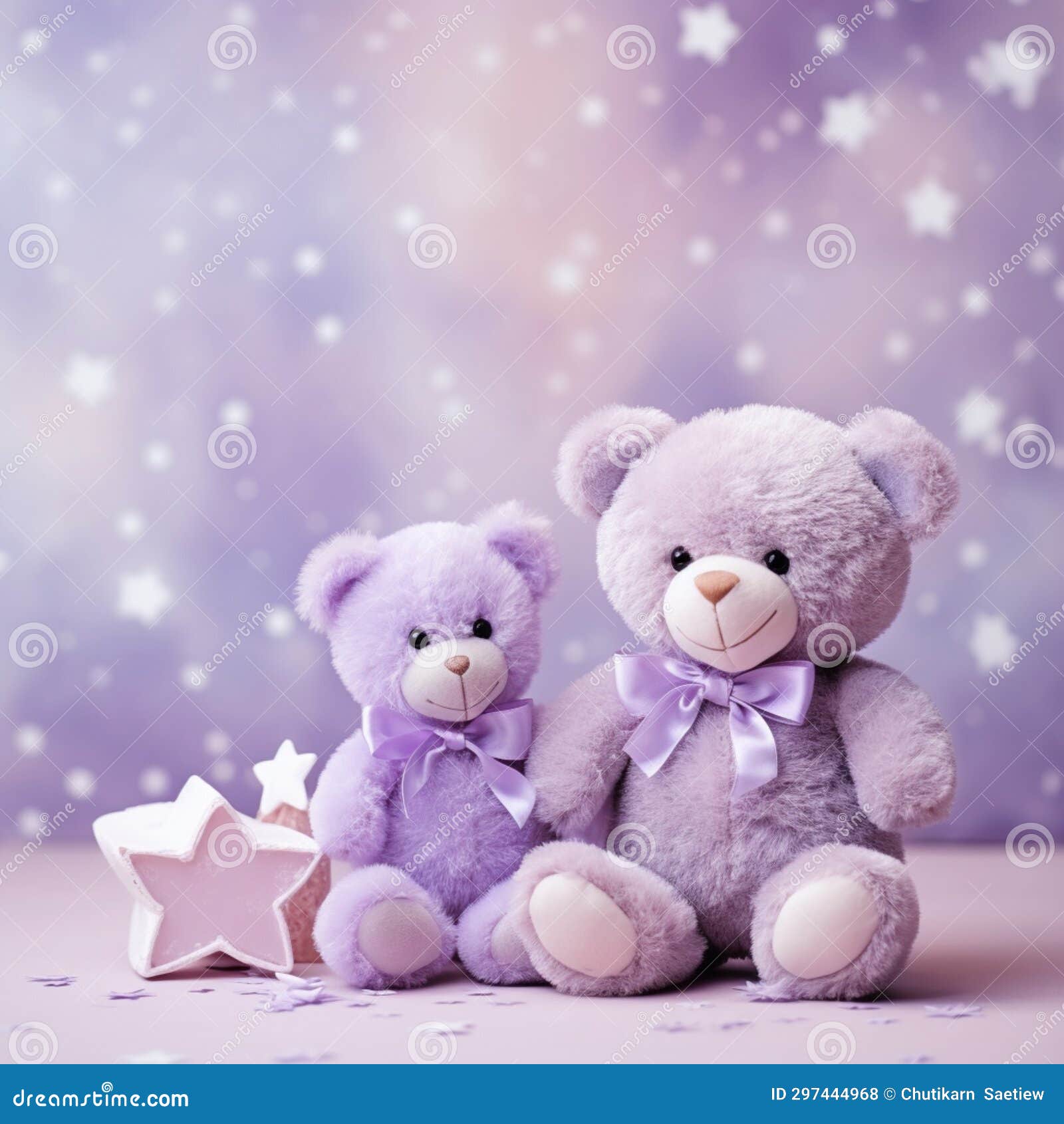 Pastel Violet Background Template with 2 Teddy Bears , AIgenerated