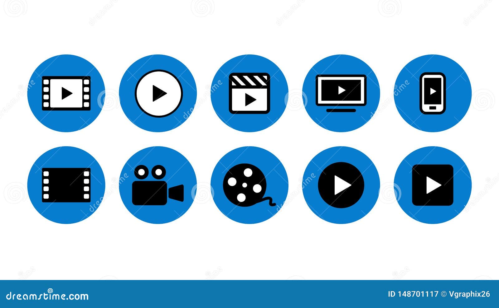 Video Movie Vod Streaming Button Icon Set Vector Illustration. Blue