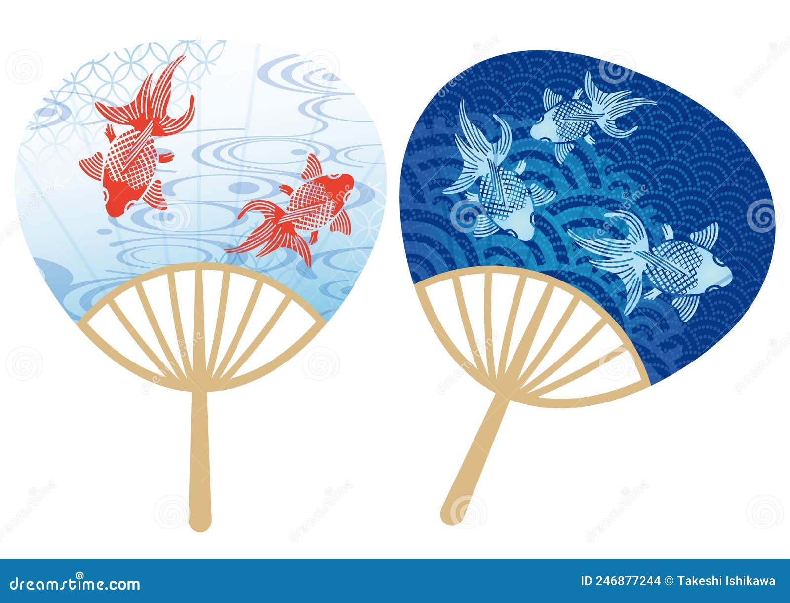 Set of Paper Fans with Goldfishes and Vintage Patterns for Summer