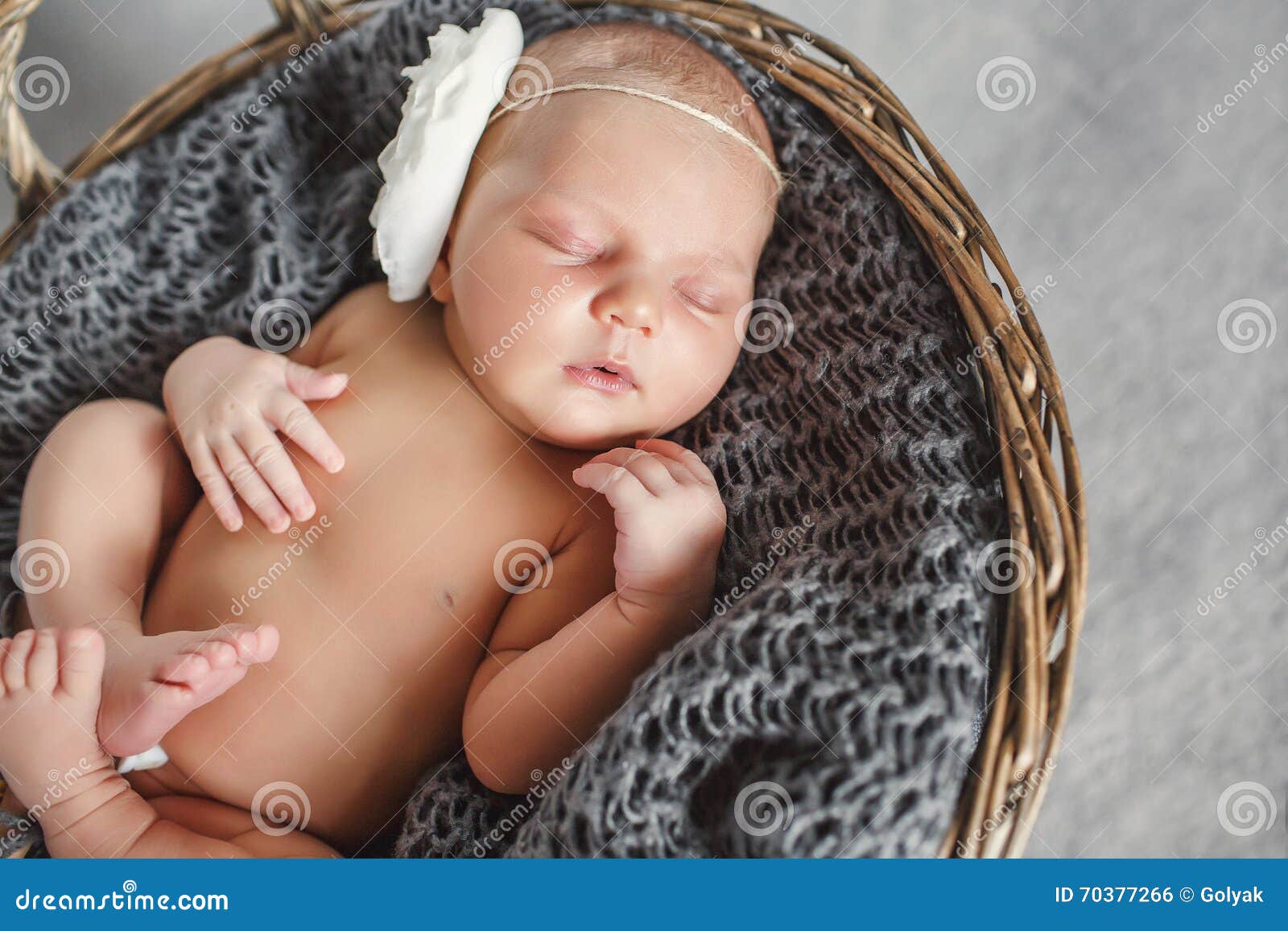 一个圆的柳条筐的新出生的婴孩. 有白花的新出生的婴孩在头，甜甜地睡觉在褐色，回合，在灰色的柳条筐软绵绵地编织了披肩，缩拢他的胳膊和腿，一个睡觉的婴孩的画象灰色背景的