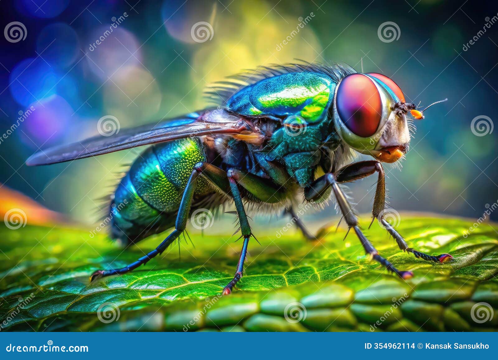 一只东方蓝色苍蝇的令人惊叹的特写，栖息在一片生动的绿叶上，是宏观的
