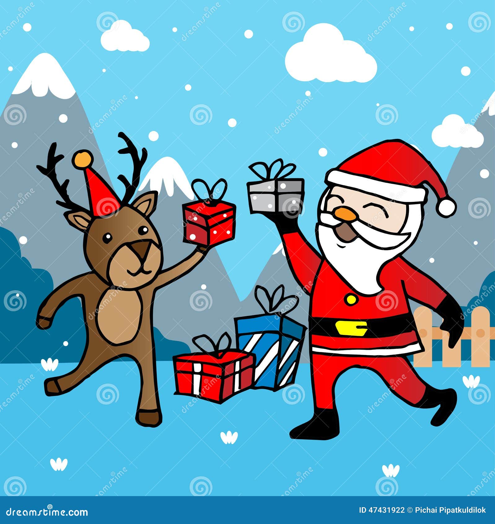 圣诞老人带着鹿坐在雪橇上，带着一袋礼物插画图片素材_ID:347534426-Veer图库