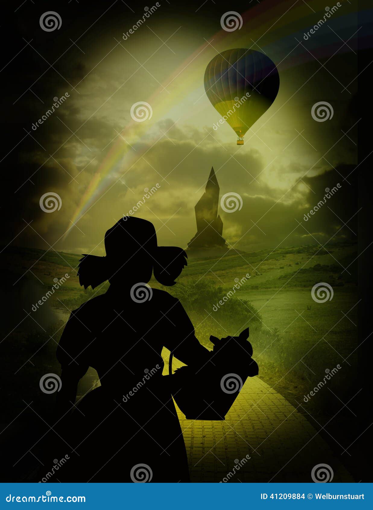 与多萝西的Oz 4. 有气球和彩虹的多萝西在黄色砖路和绿宝石城市