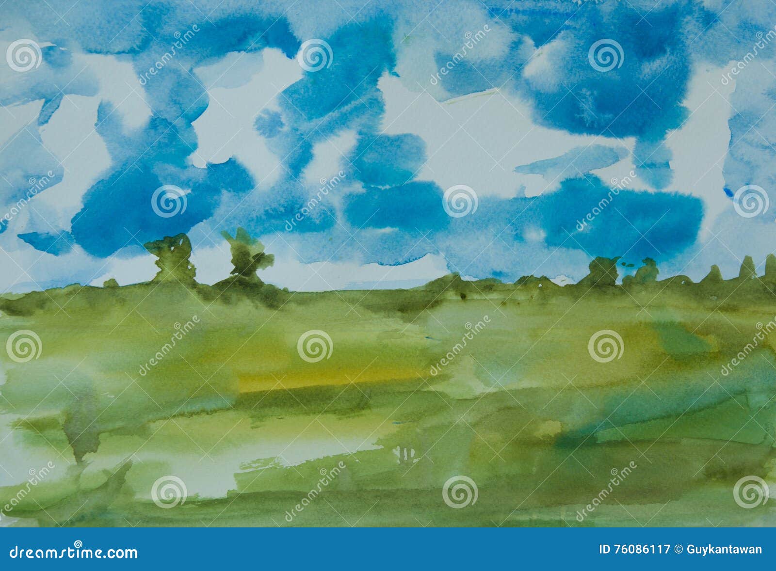 与蓝天的抽象绿色领域. 与蓝天，水彩绘画的抽象绿色领域