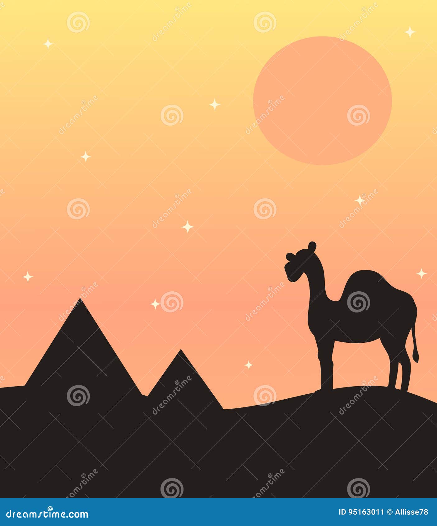 与骆驼独峰驼剪影的逗人喜爱的日落背景在沙漠和金字塔. 与骆驼独峰驼剪影的日落背景在沙漠和金字塔