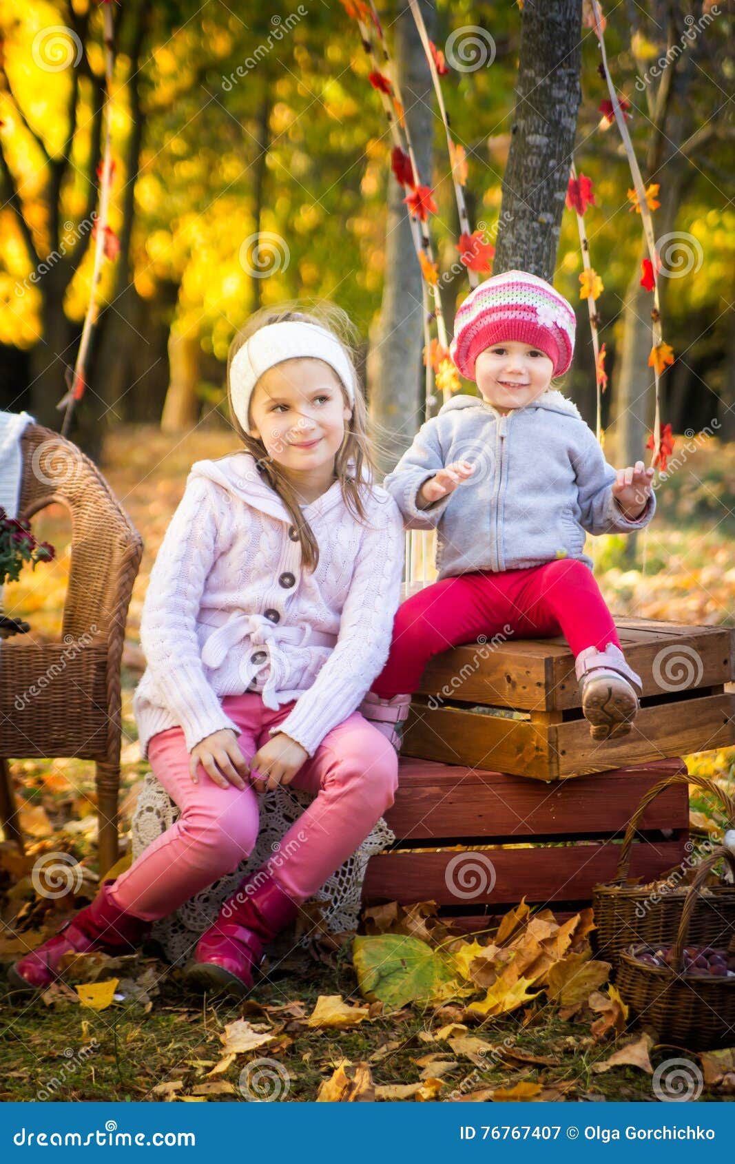 两个姐妹在秋天公园. 两个姐妹坐木箱在秋天停放