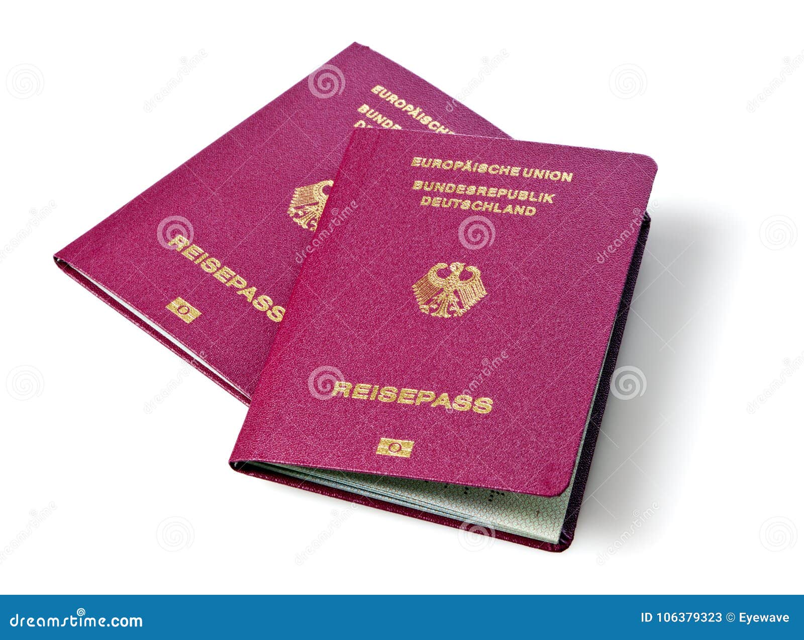 两本新的德国生物统计的护照. 在白色背景隔绝的德国护照