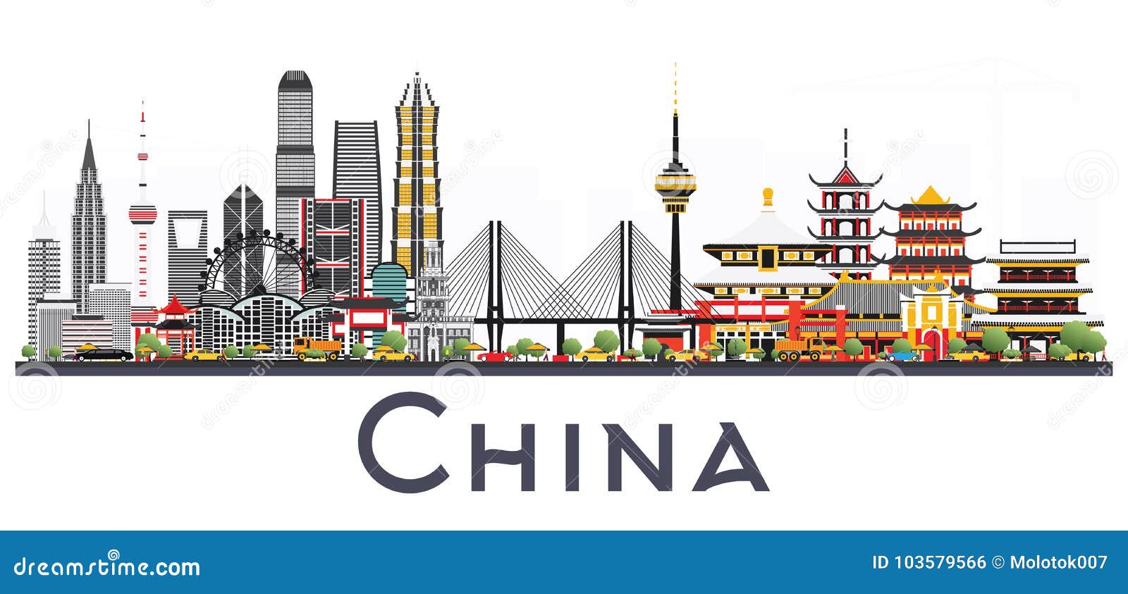 中国在白色背景隔绝的市地平线 著名地标在中国 也corel凹道例证向量 商务旅游和旅游业概念 介绍、横幅、招贴和网站的图象