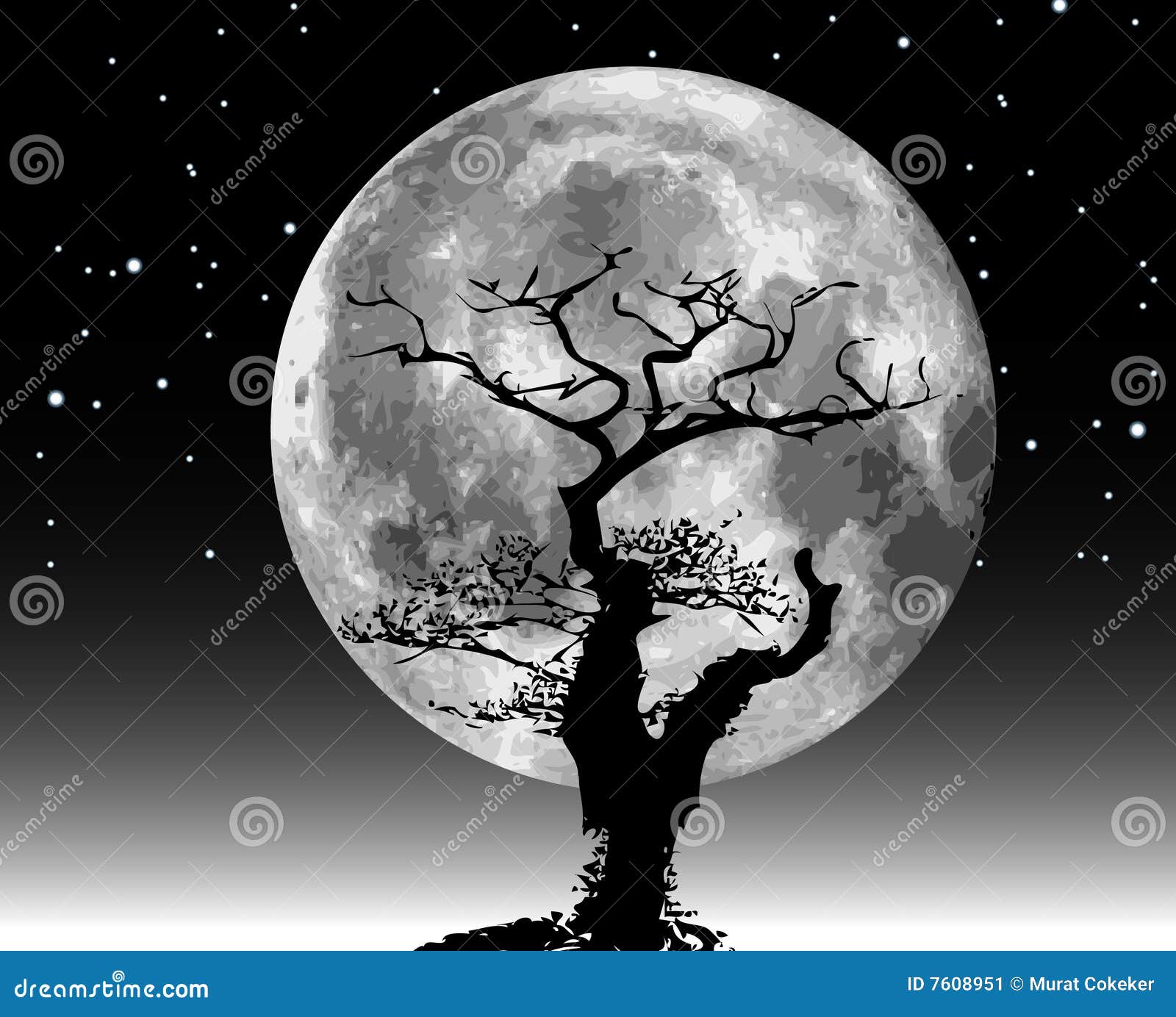 夜晚月亮星空下树上挂着星星树下小猫坐着休息高清图片下载_设计卡通图片_乐美图网