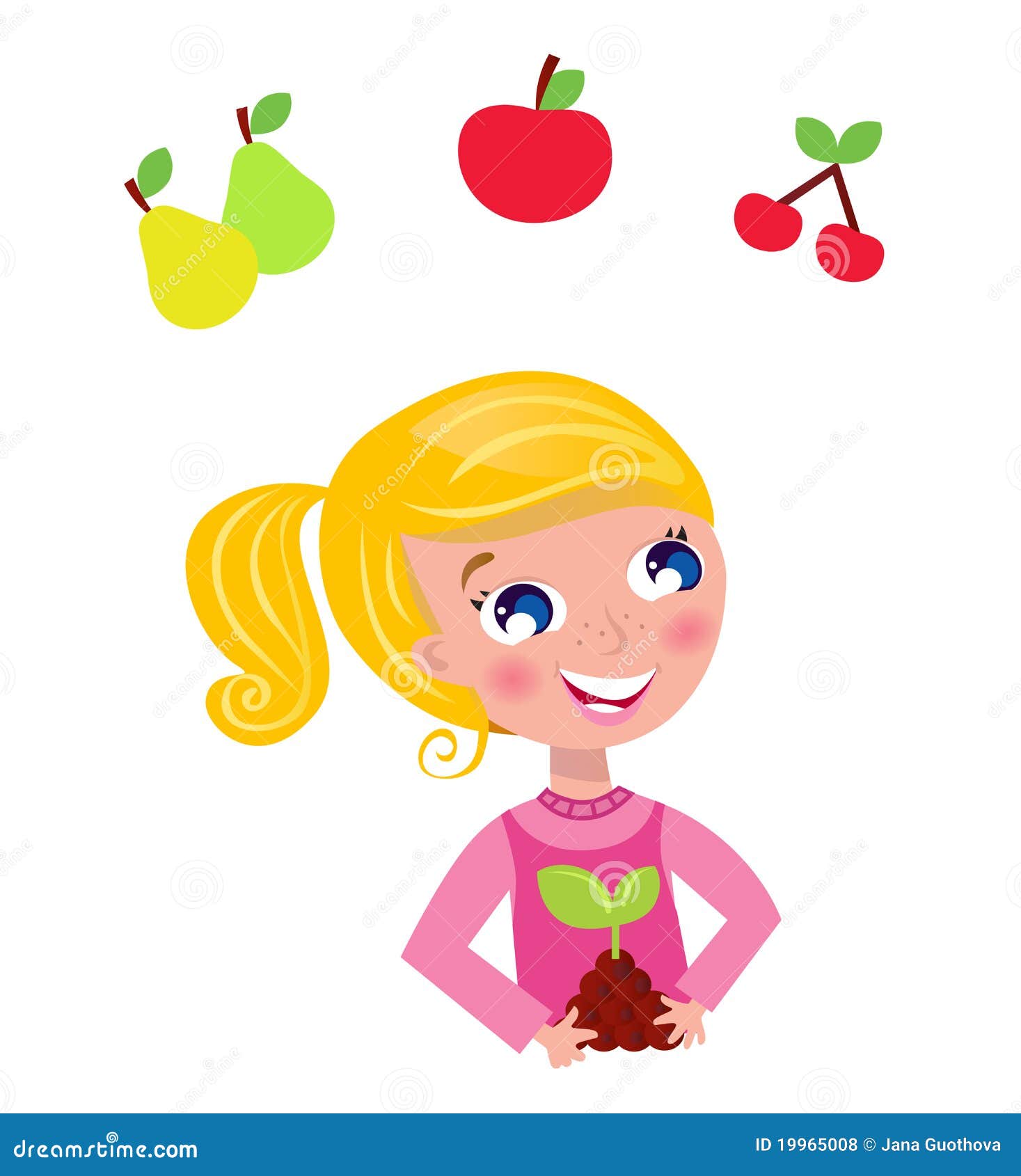 儿童逗人喜爱的果子花匠少许工厂. 白肤金发的服装花匠女孩愉快的例证粉红色向量