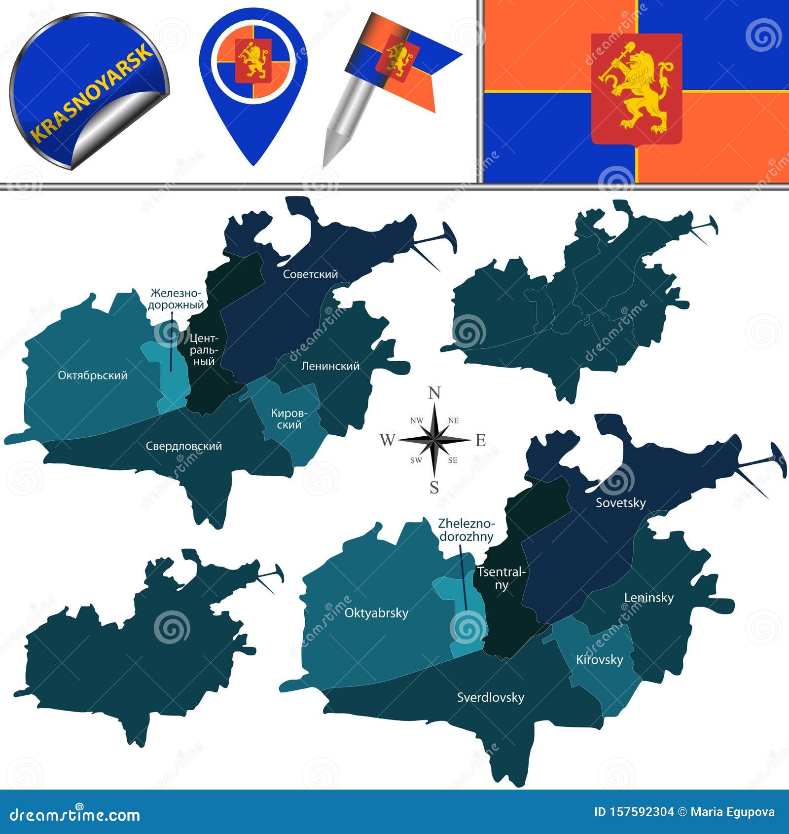 克拉斯诺亚尔斯克郡地图. 俄罗斯克拉斯诺亚尔斯克地区矢量图 地图上的区域是用俄语原文签名的