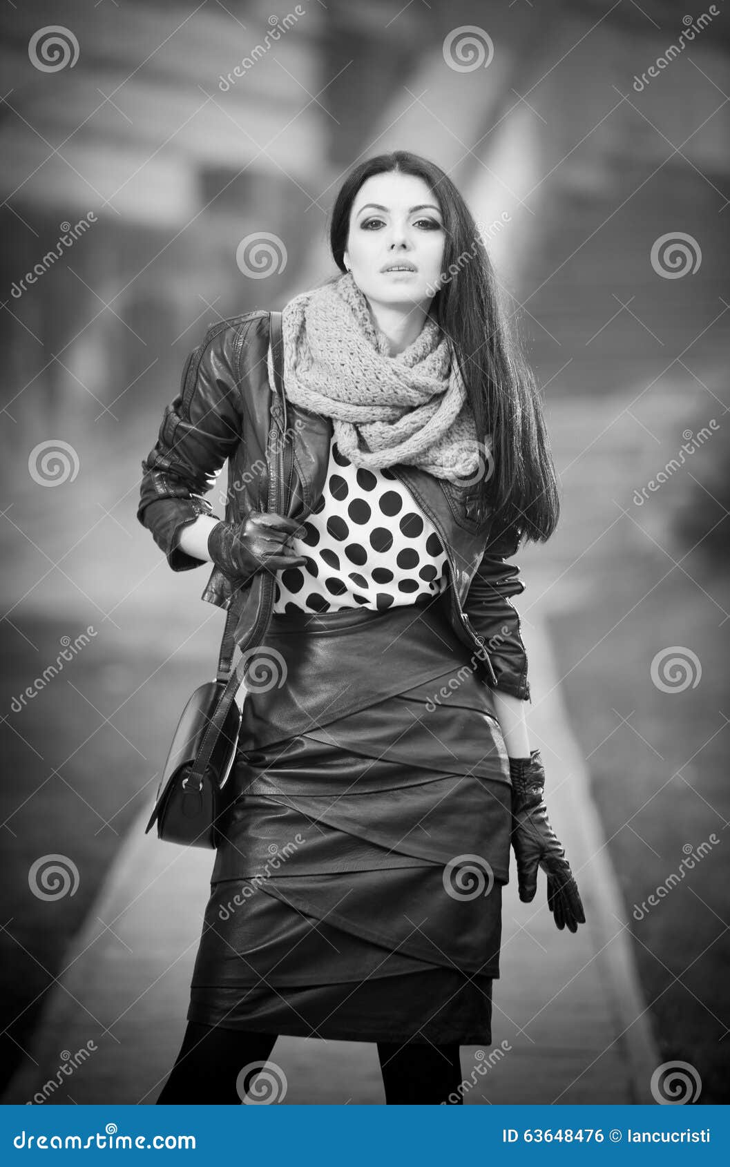 冬天方式射击的可爱的少妇 黑皮革的美丽的时兴的女孩在大道 有提包和围巾的典雅的长的头发浅黑肤色的男人在都市风景