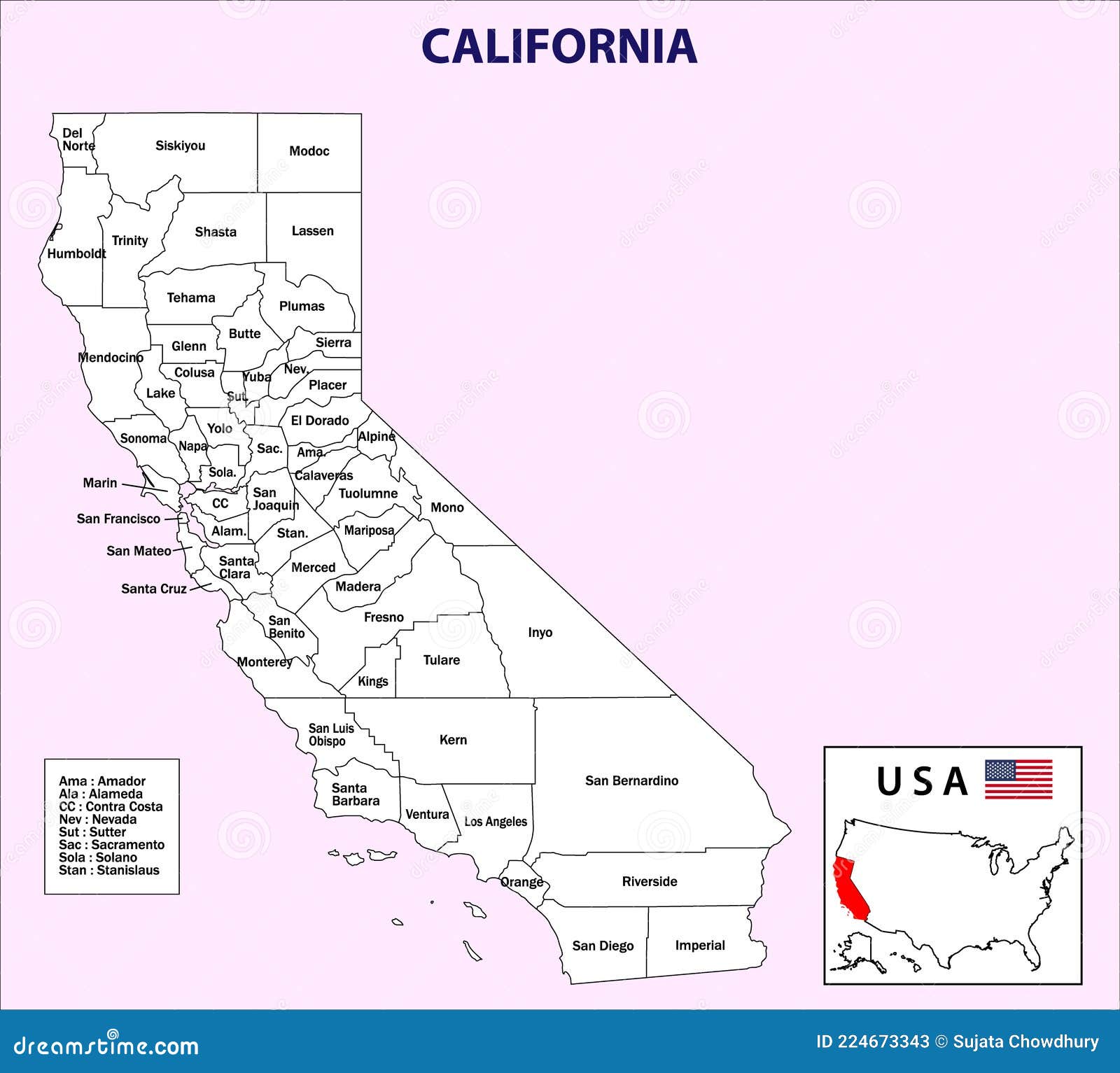 加利福尼亚地图. 加利福尼亚州州和地区地图. 加利福尼亚州与邻国的行政和政治地图 向量例证 - 插画 包括有 灰色, 等高: 224673357