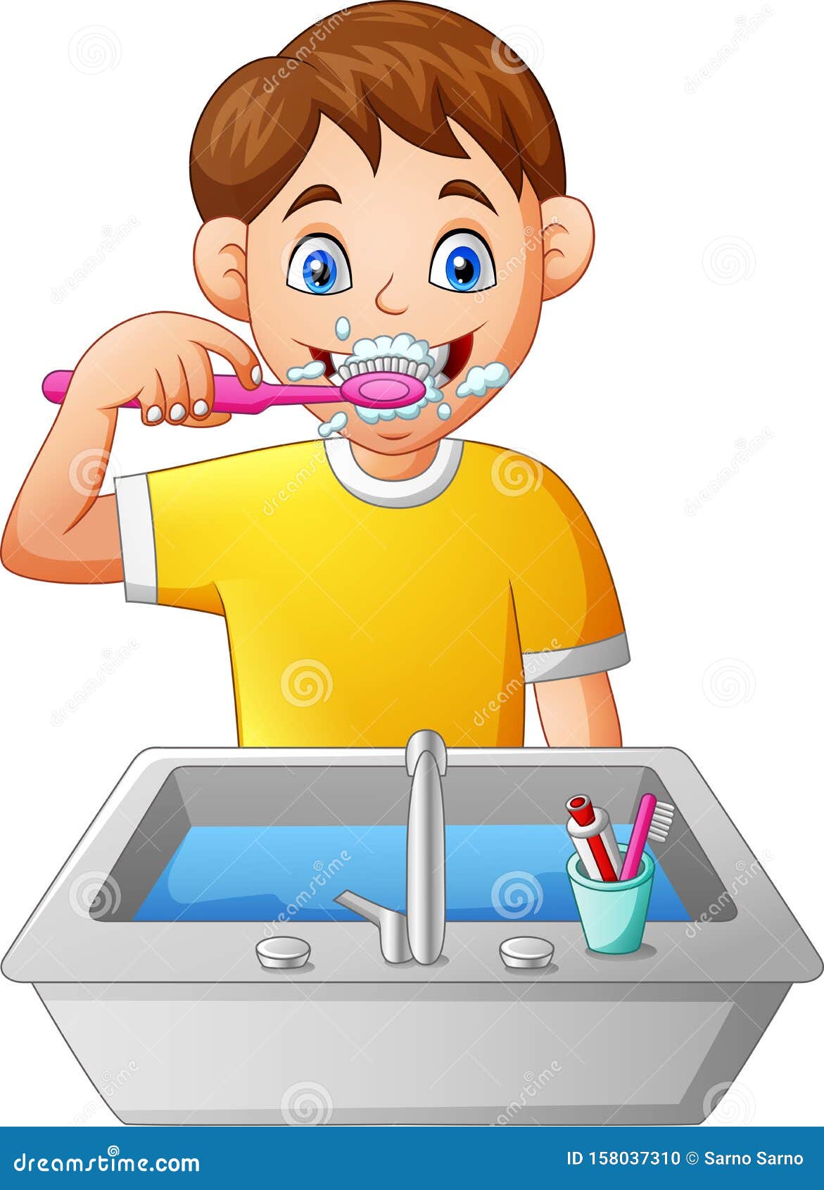 快乐的小男孩的刷牙卡通矢量 — 图库矢量图像© Onontour #159614678