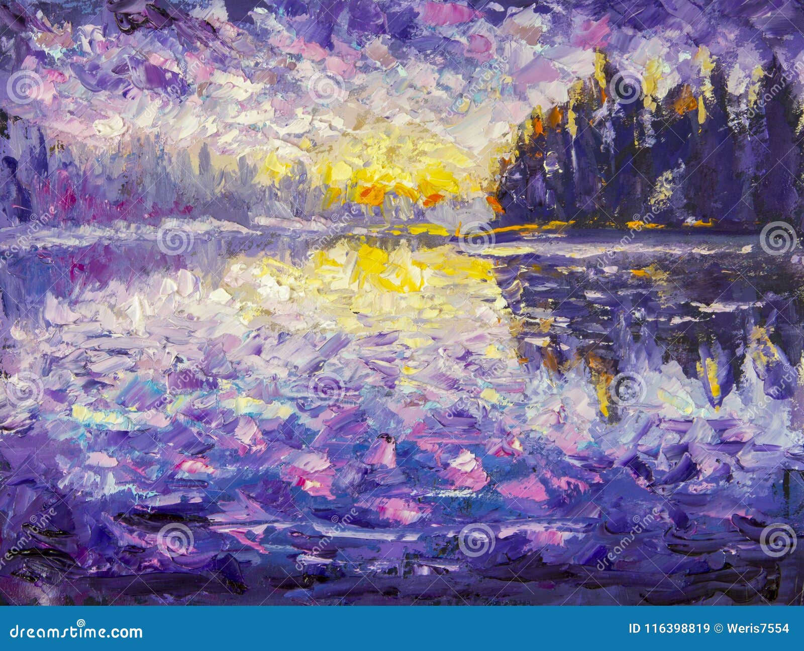 印象派刮刀油画，画布上。清晨在河边。水面上的日出。河流上的日落