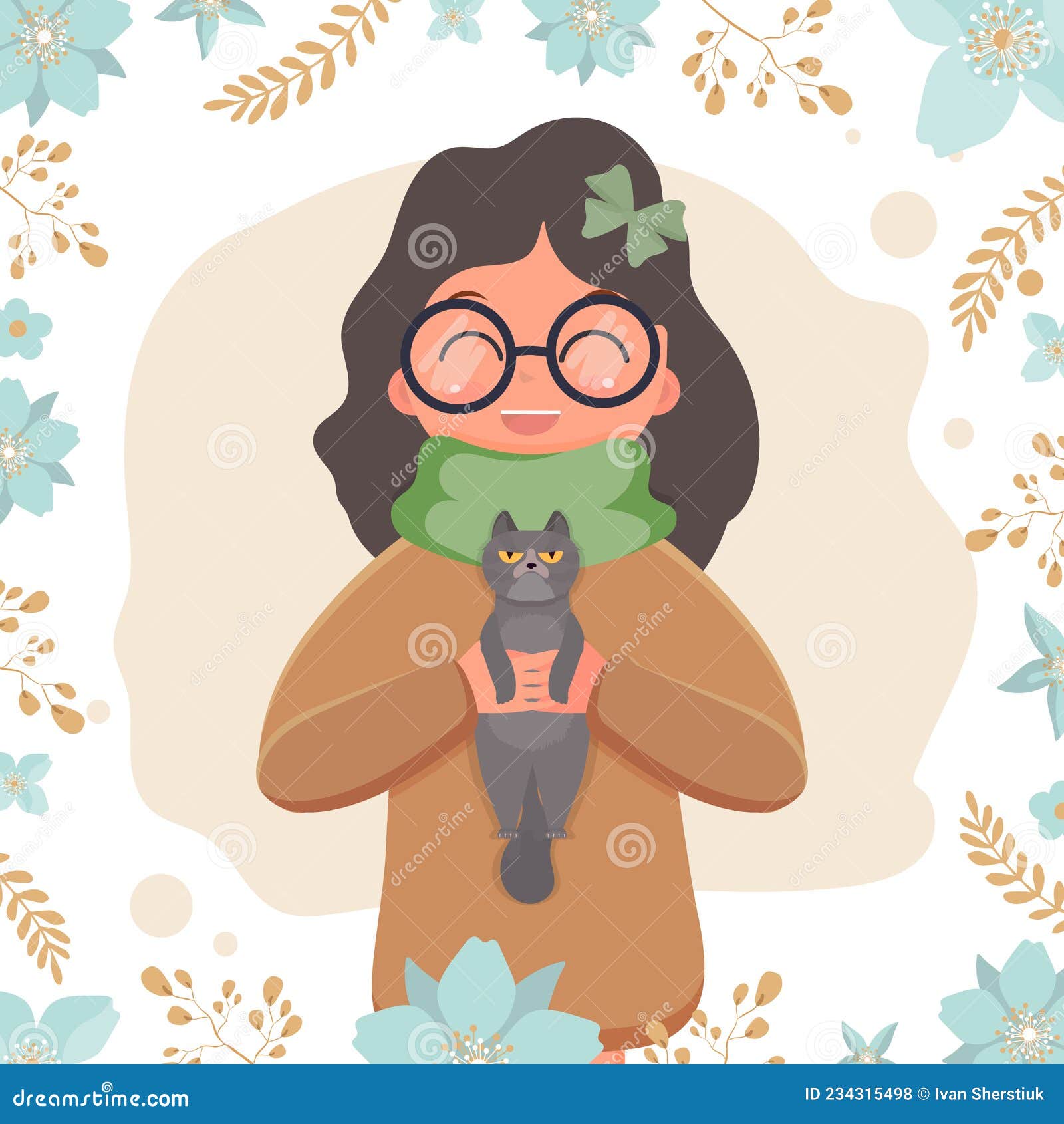 一个女人高兴地抱着一只猫插画图片素材_ID:408000107-Veer图库