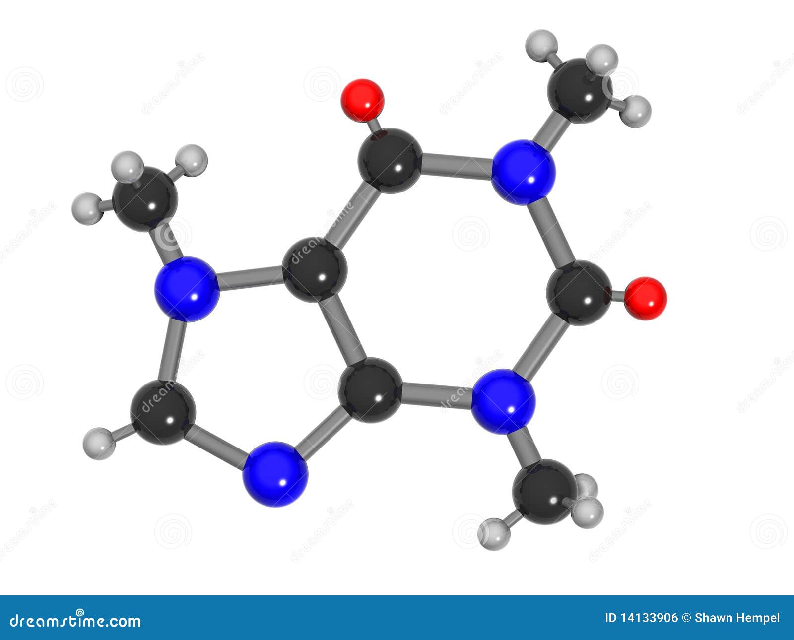 咖啡因分子. 3d咖啡因查出的分子翻译白色