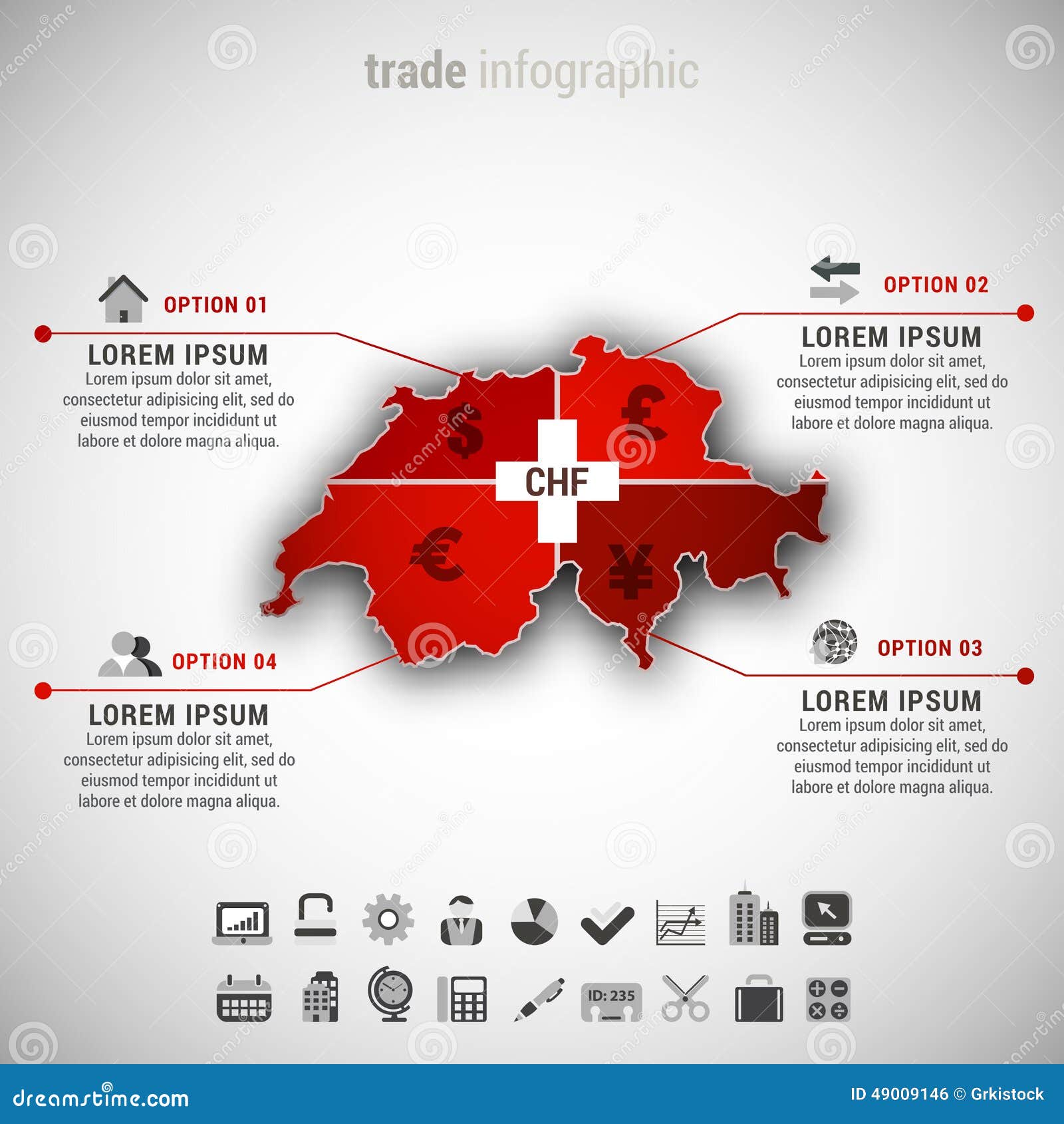 导航例证商业infographic由瑞士地图和不同的货币做成 Infographics说明在CHF和其他货币(欧元、美元、日元，磅)之间的新的交换率