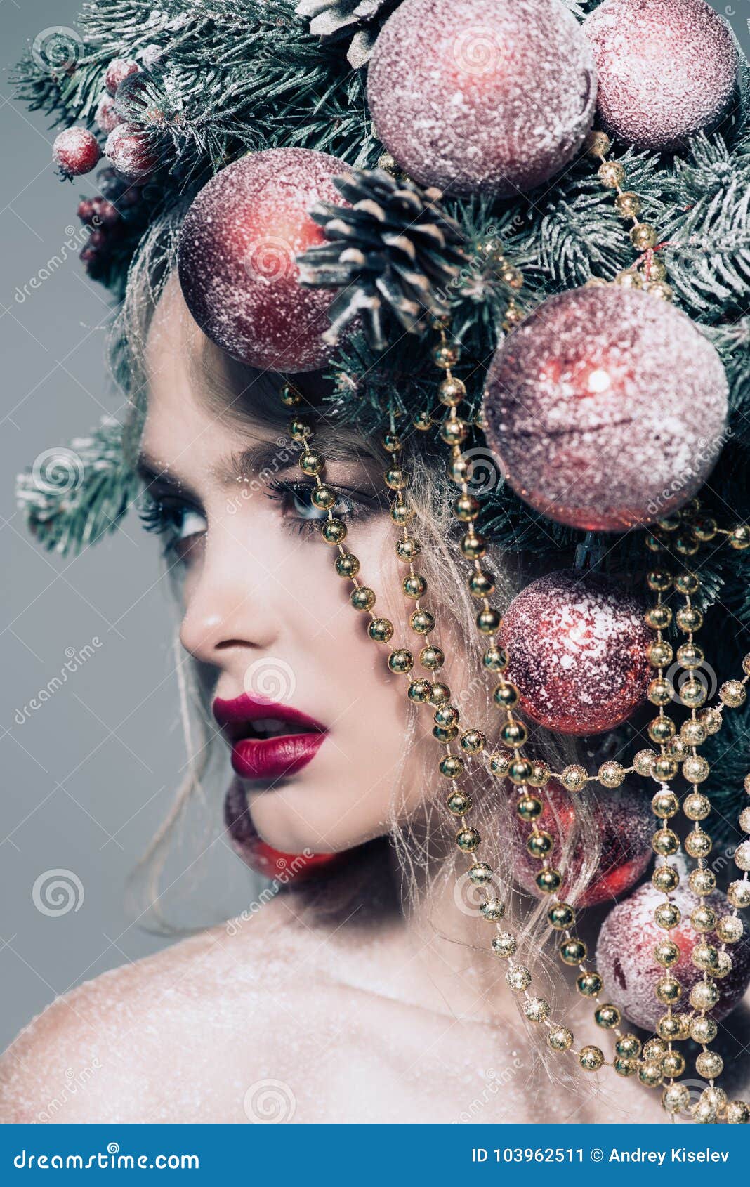 圣诞节典雅的时尚妇女 Xmas新年发型和构成 有圣诞节装饰的华美的时髦样式夫人在她 库存照片 - 图片 包括有 装饰, 节假日: 62646074