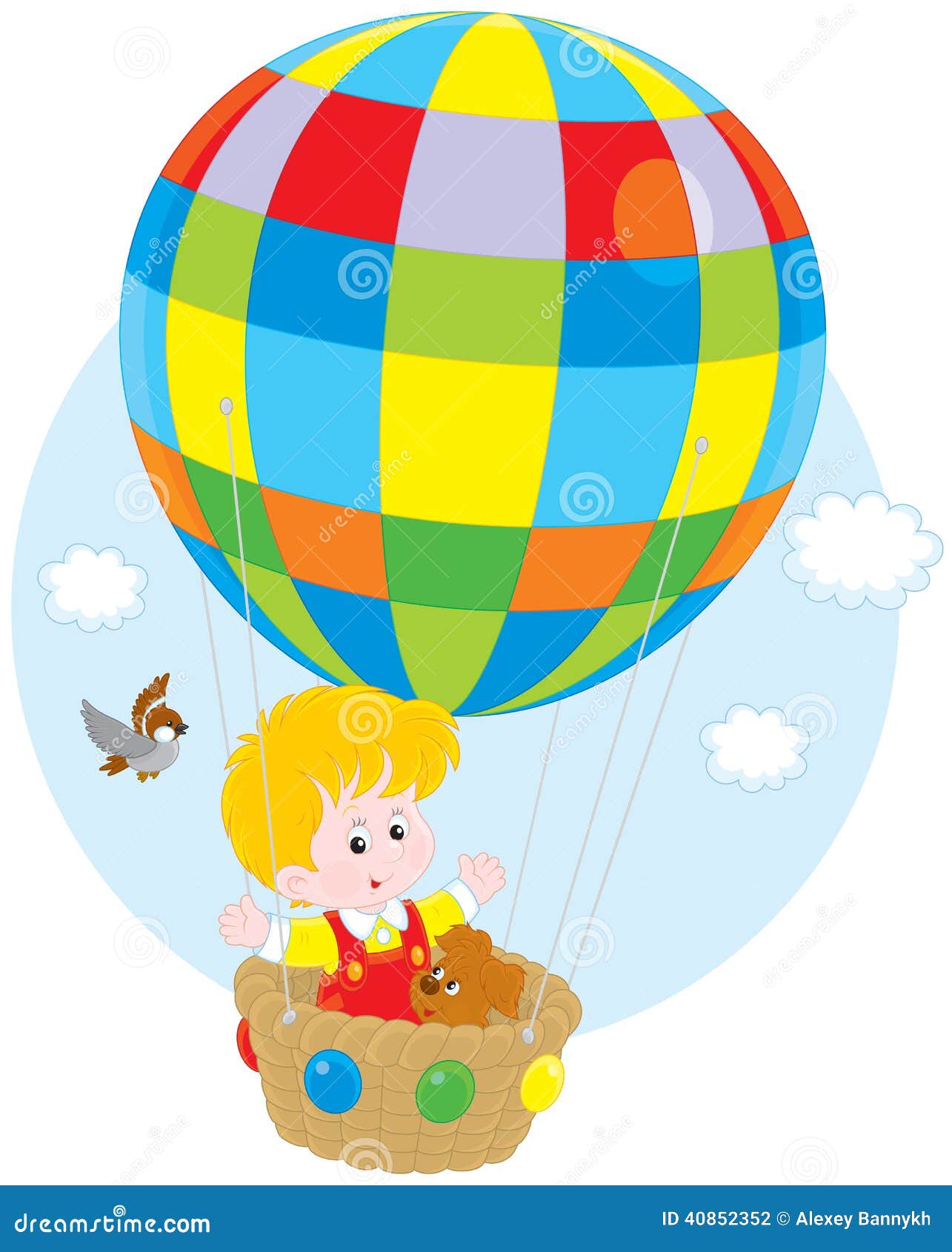 在气球的儿童飞行. 旅行与他的在一个五颜六色的气球的小狗的小男孩