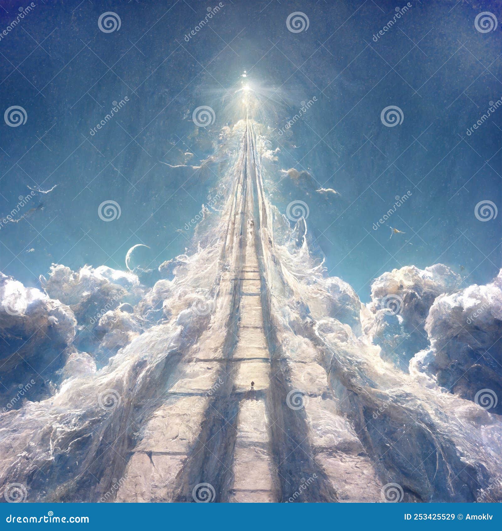 神秘的云楼梯通向天堂，神圣的光从天堂闪耀插画图片素材_ID:421975357-Veer图库
