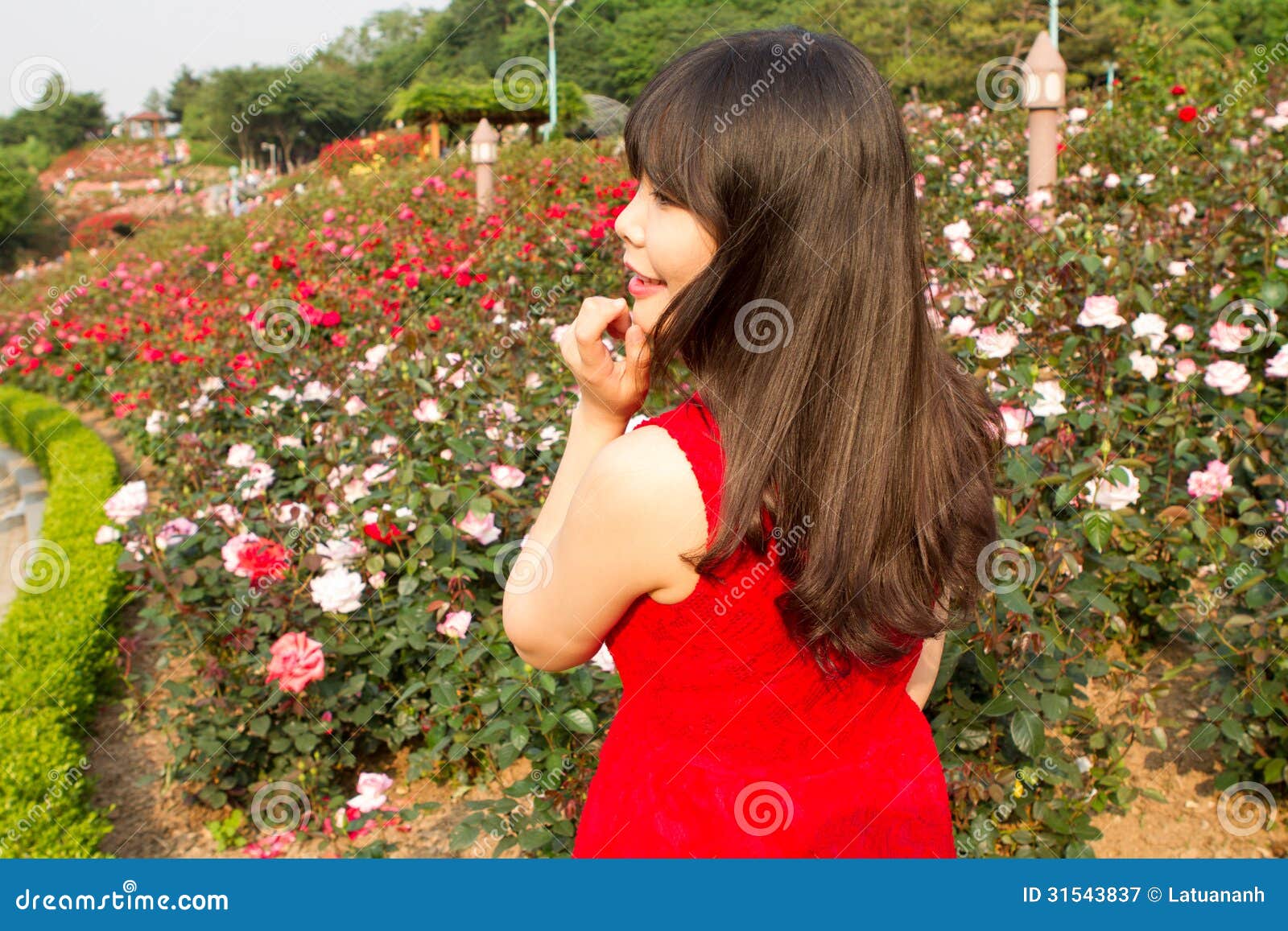 女孩在玫瑰园里微笑. 象玫瑰她美丽