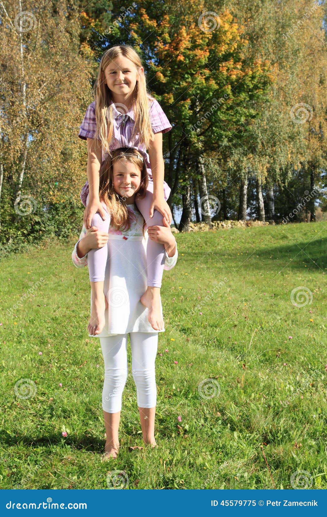 小女孩坐girlsÂ肩膀 库存图片. 图片 包括有 子项, 逗人喜爱, 吟呦诗人, 赤足, 草甸, 绿色 45579775