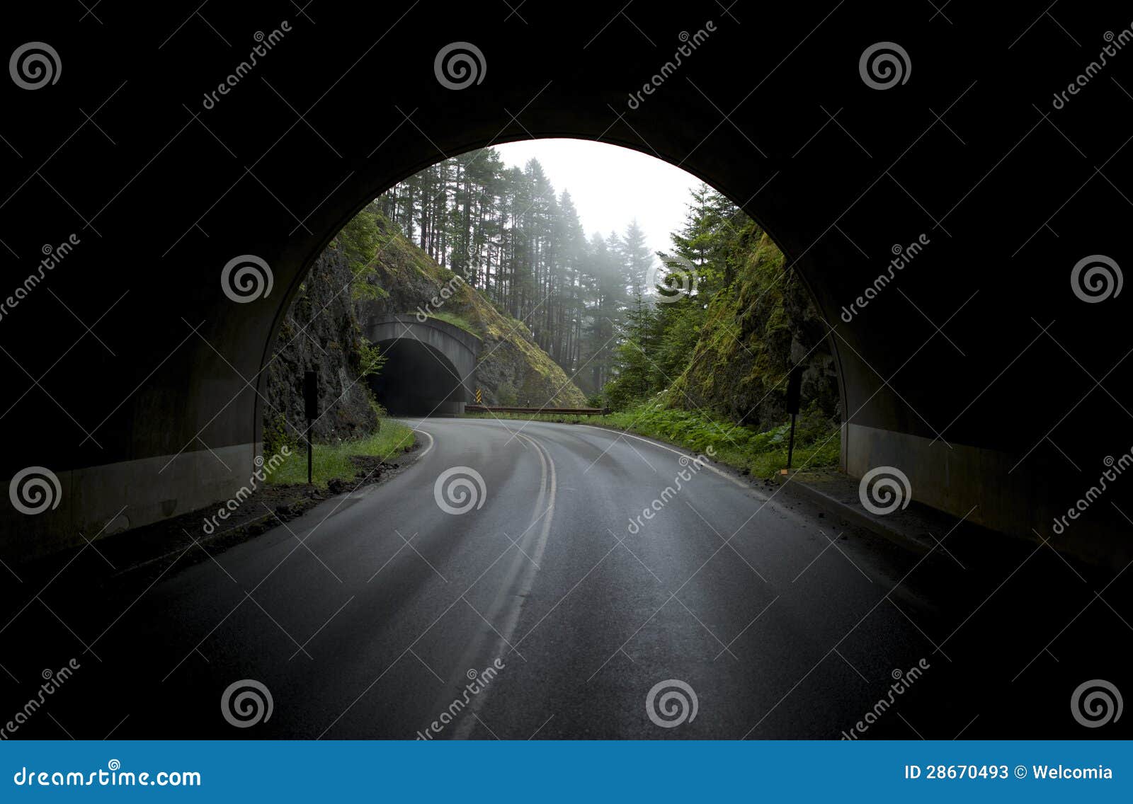 山隧道。从隧道的看法在另一个隧道入口。被铺的山路。奥林匹克国家公园，华盛顿州，美国-飓风里奇路。