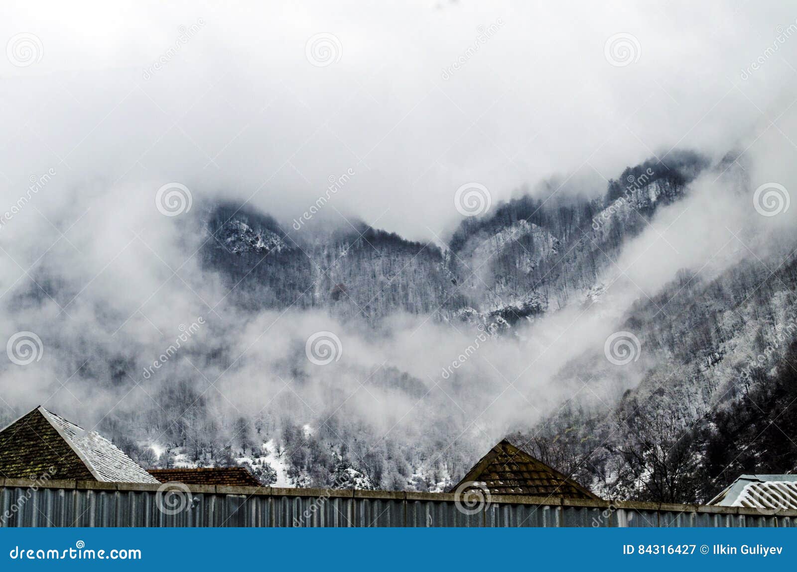 山雪与树的风景在Ilisu，加赫阿塞拜疆，大高加索的自然和雾. 山雪与树的风景在Ilisu，加赫阿塞拜疆的自然和雾，