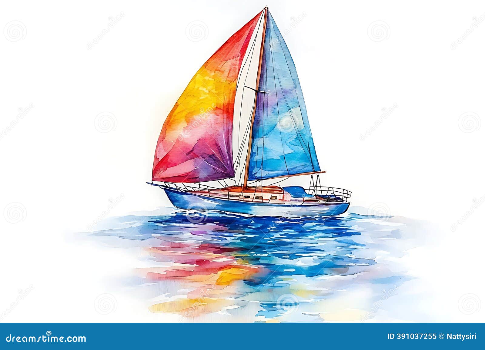彩色水上的水彩帆船-一幅生动的