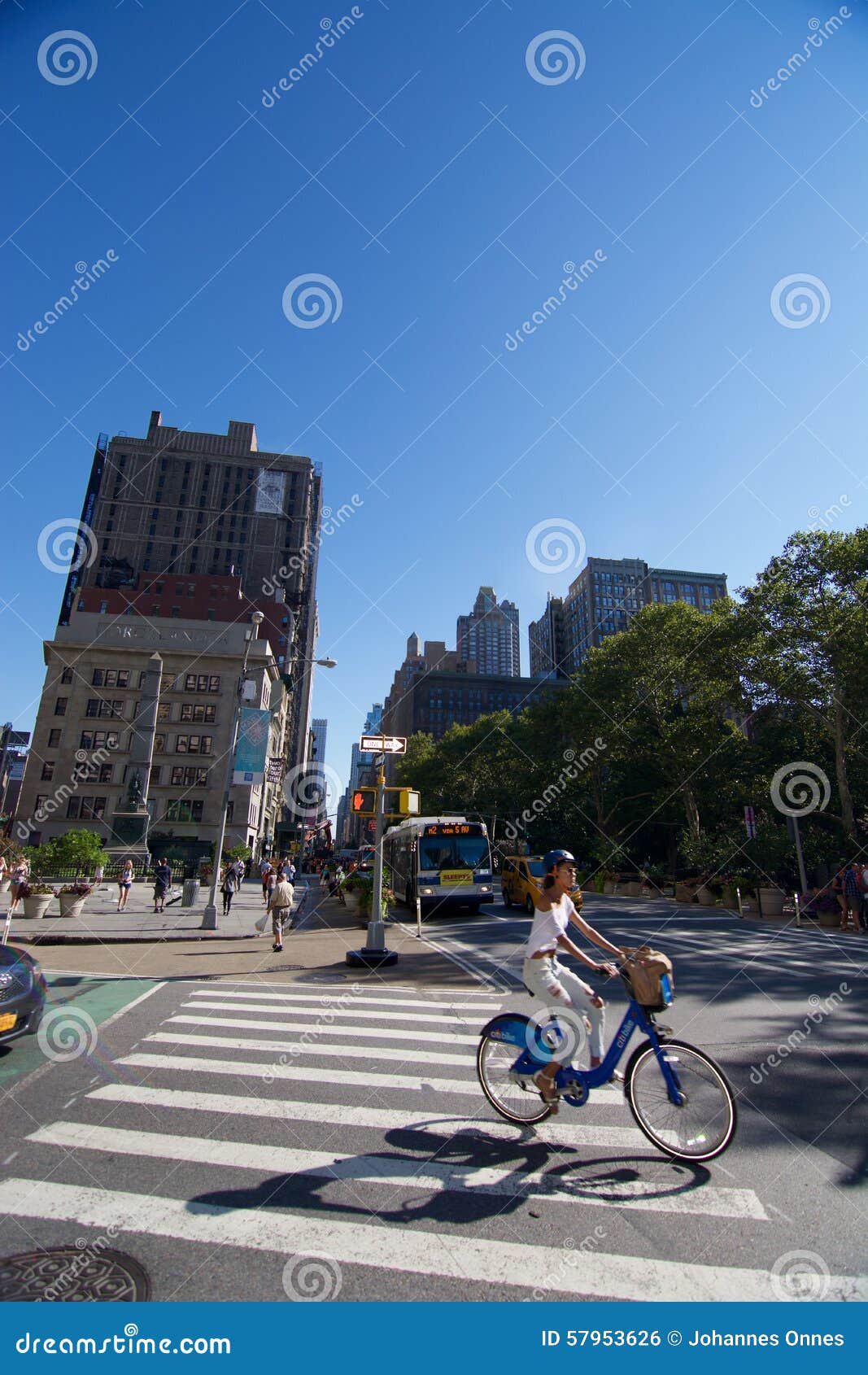 循环NYC的夫人. 纽约，美国- 2015年8月12日：循环在公开城市自行车的夫人在纽约在一个晴天