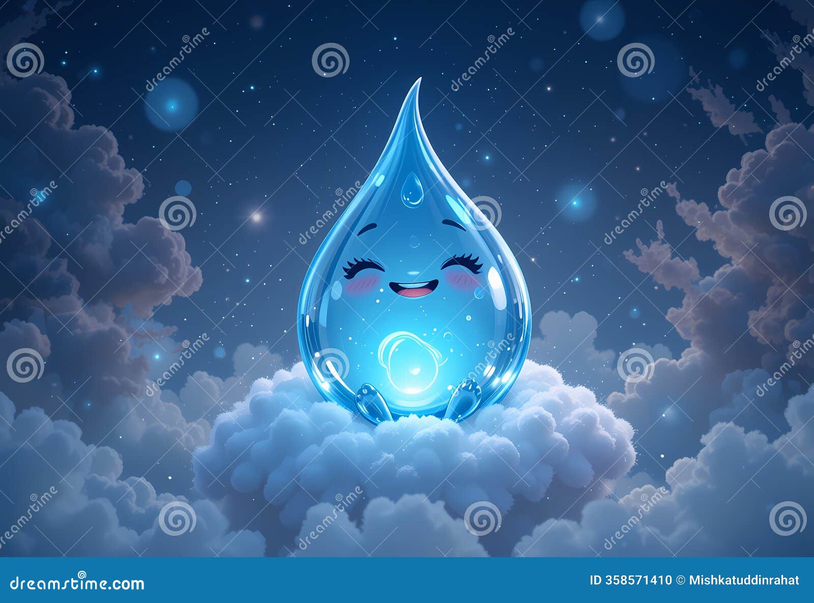 微笑的水滴角色在夜空中-