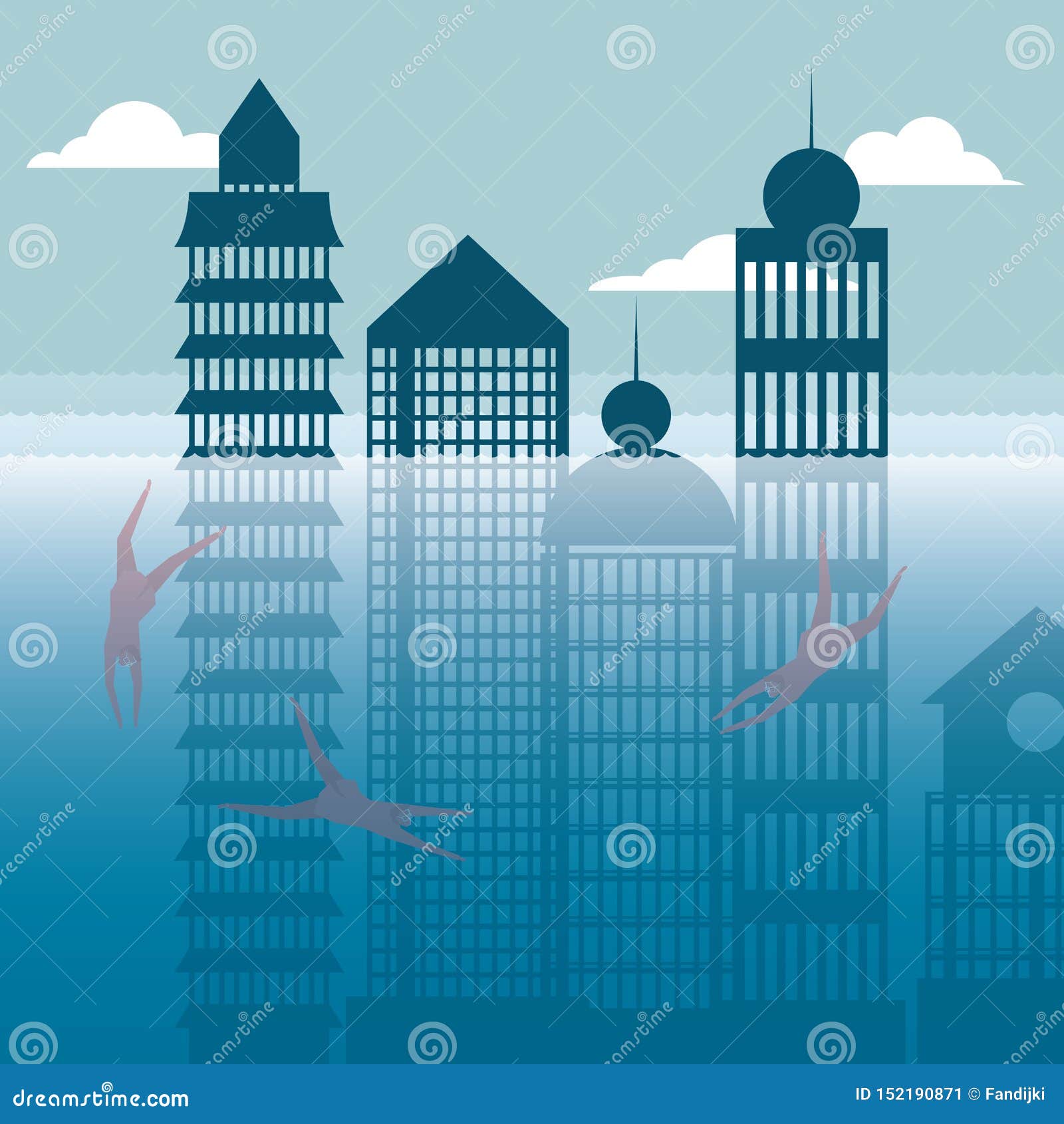 Businessman Diving, Underwater City. Stock Vector Illustration of