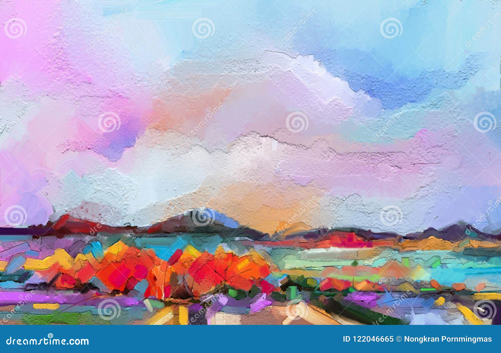 抽象油画风景库存例证. 插画包括有云彩, 横向, 橙色, 背包, 代理, 小山