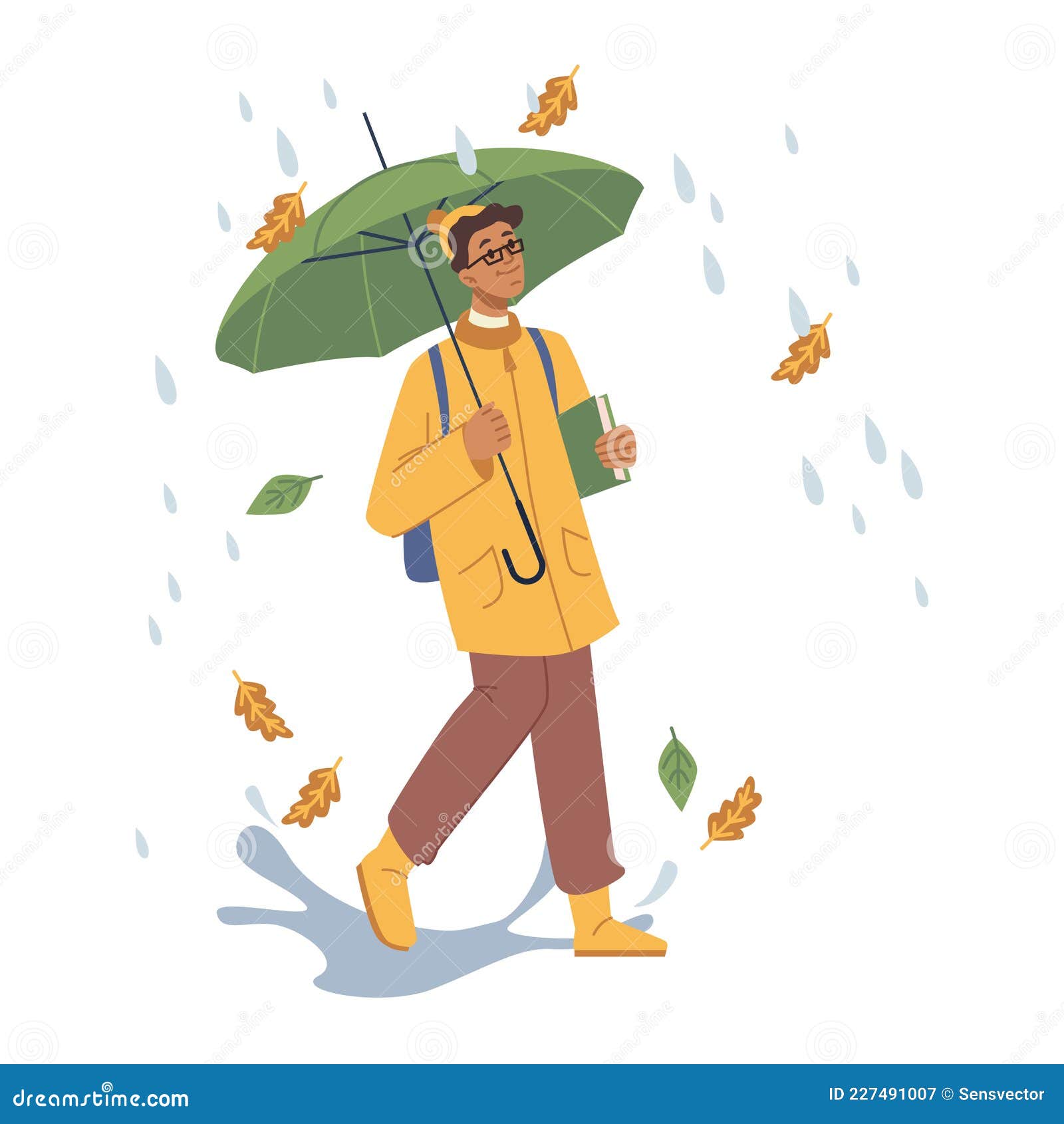 卡通可爱穿着雨衣撑着雨伞的小男孩图片_装饰图案_设计元素-图行天下素材网