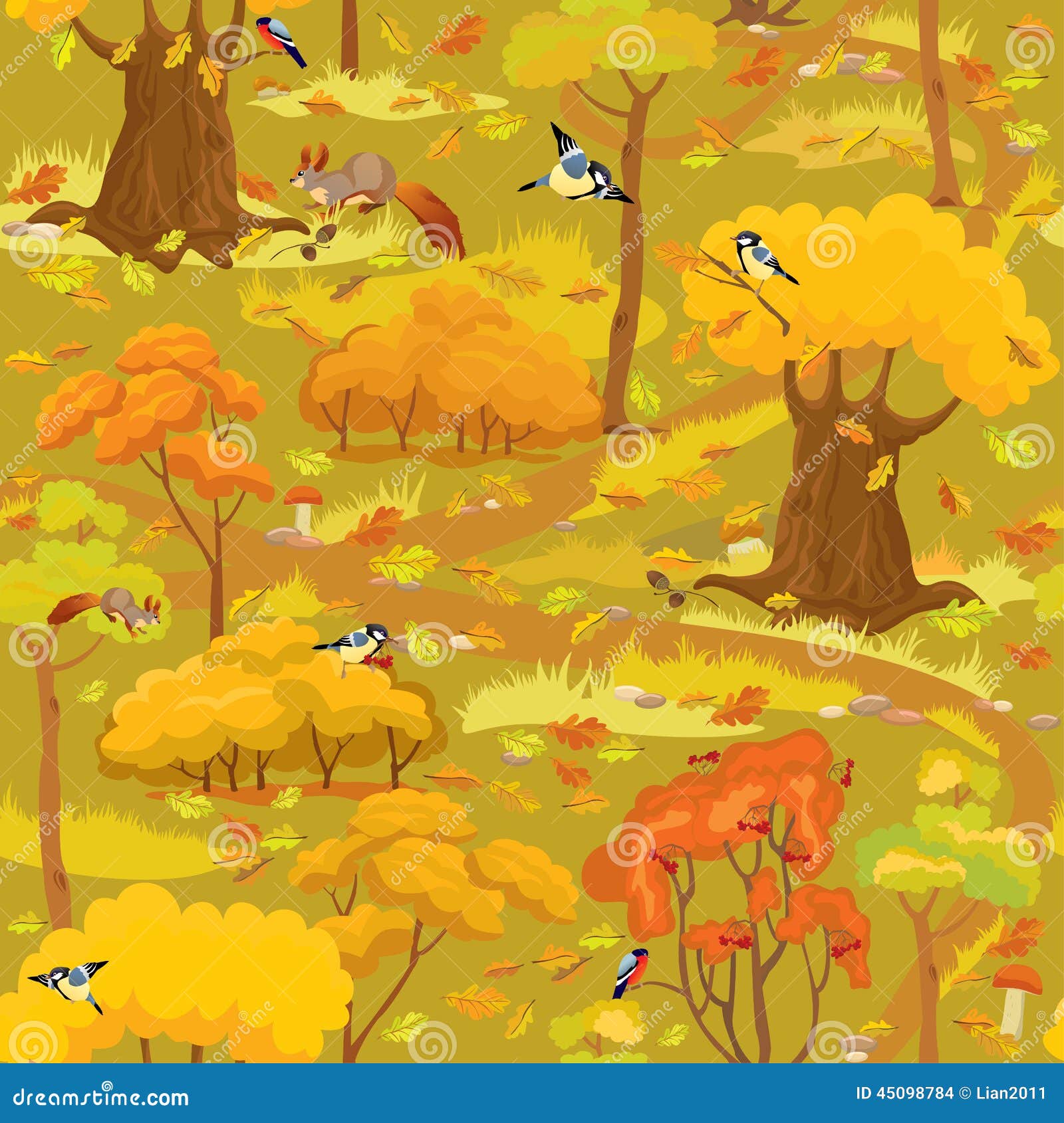无缝的样式-秋天与树，蘑菇的森林风景. 无缝的样式-秋天与树、蘑菇、鸟和灰鼠的森林风景 立即可用作为样片