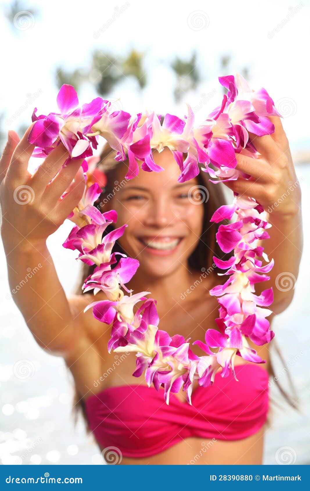 显示花列伊诗歌选的夏威夷妇女. 显示花桃红色兰花的列伊诗歌选夏威夷妇女。 比基尼泳装的美丽的微笑的混合的族种妇女在海滩产生在夏威夷海岛大海岛的欢迎列伊。