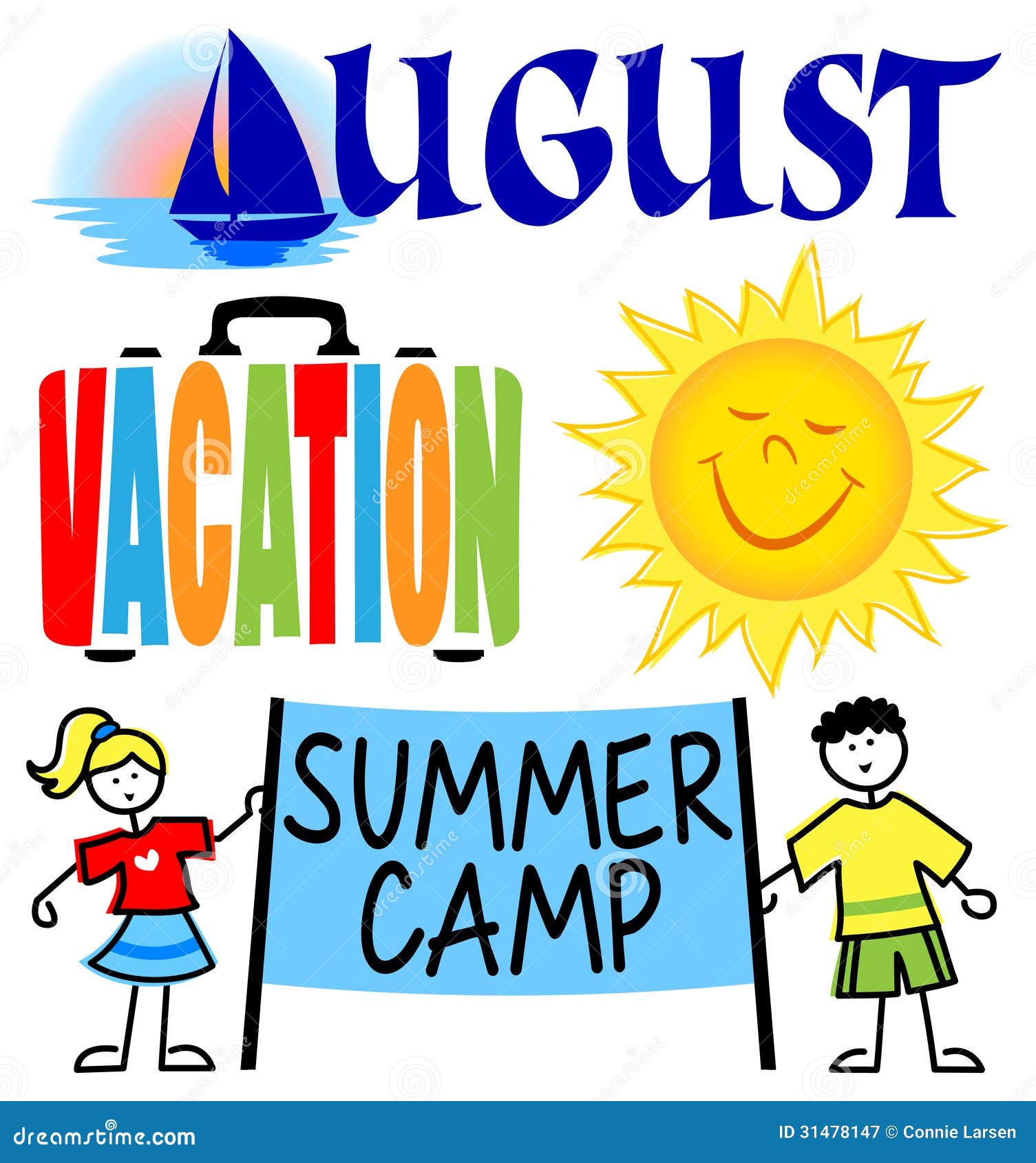 8月事件剪贴美术集合. 被说明的夹子8月包括假期、动画片太阳、夏令营孩子和8月标题与风船