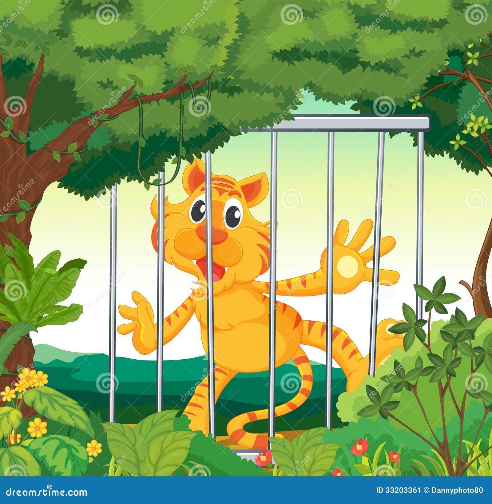 在动物笼子里面的一只老虎 库存例证. 插画 包括有 绿色, 关进笼子, 幼崽, 横向, 树干, 照片, 保护 - 33203478