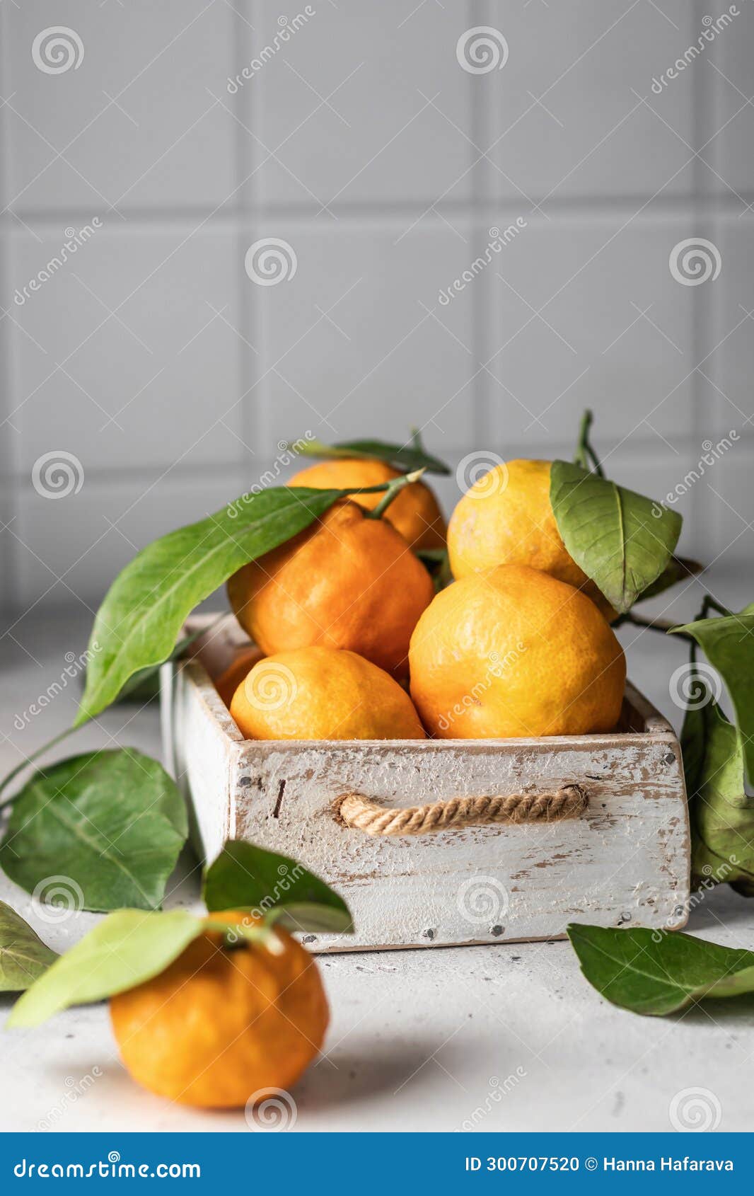橘子在白色厨房瓷砖的木盒中清洁柑橘. 橘子在白色厨房瓷砖背景上，在木箱里用复制空间把柑橘树的绿叶切成. 垂直