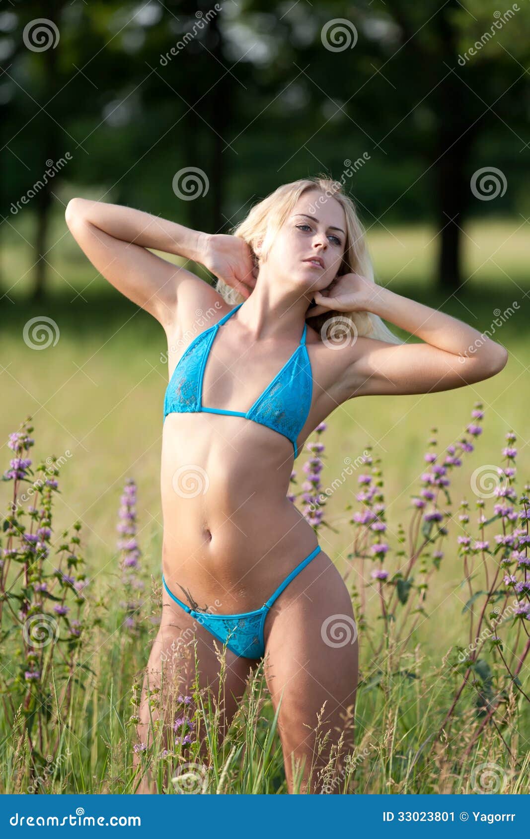 绿松石比基尼泳装的美丽的女孩在领域的花中