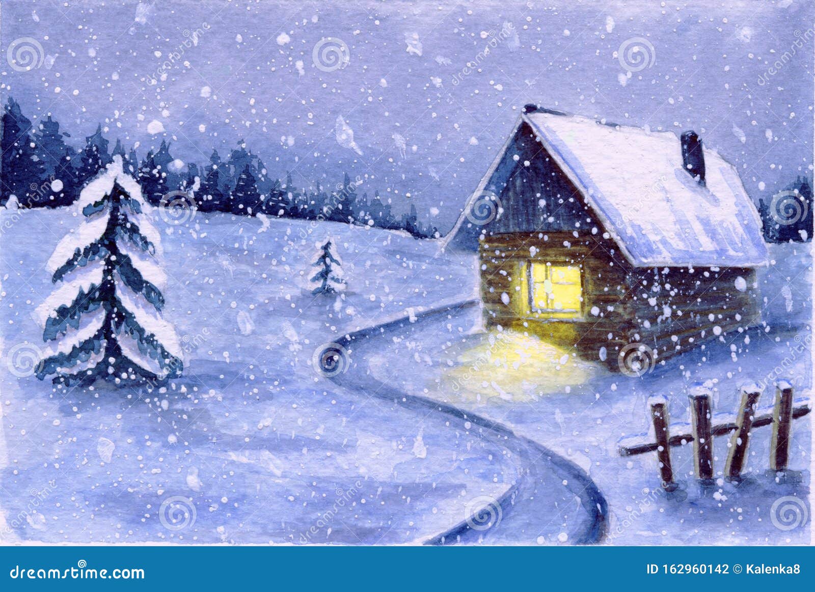 水彩冬季雪夜风景。可爱的夜间雪景户外场景。窗户里有灯光、森林里一片