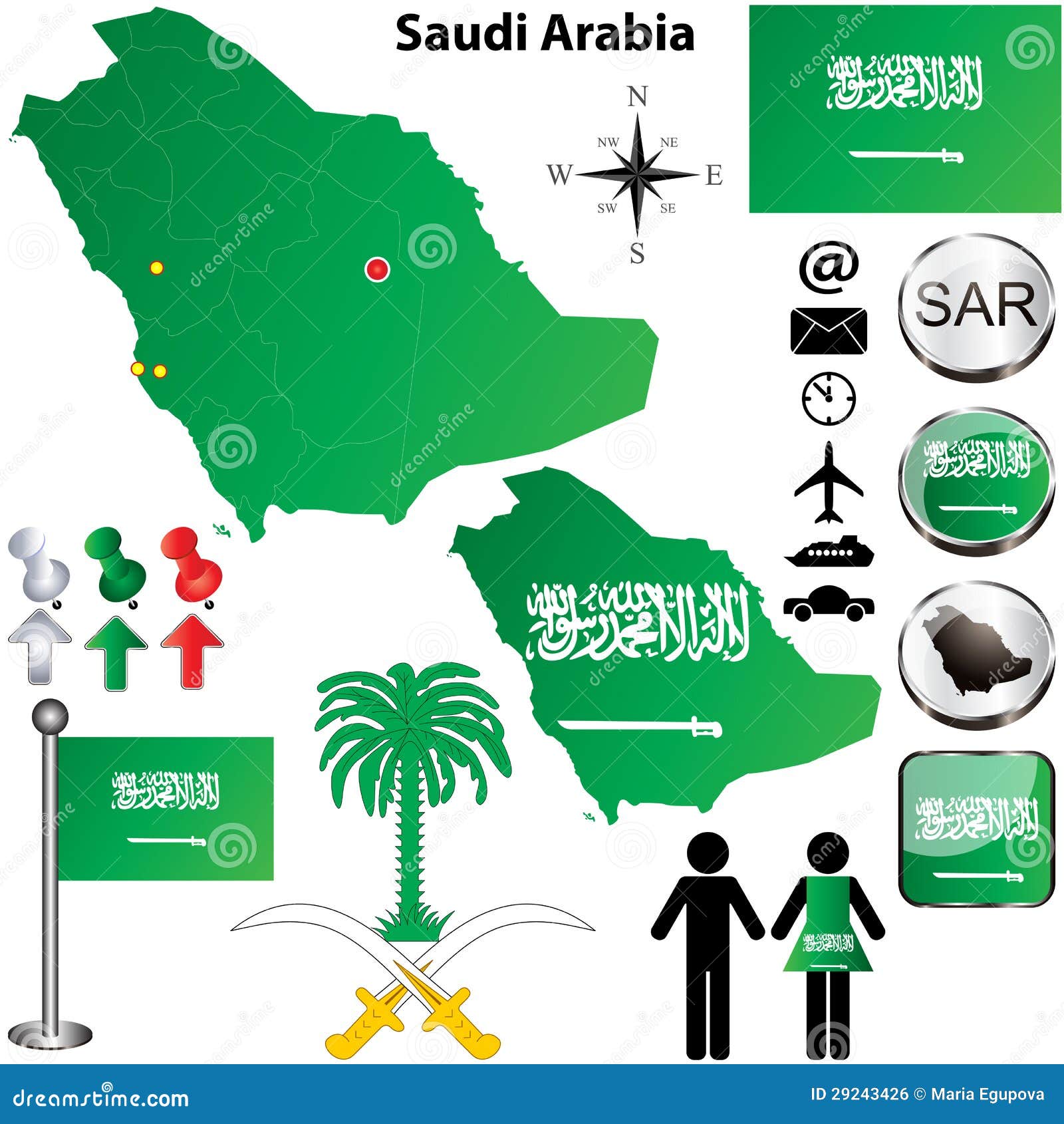 沙特阿拉伯映射. 沙特阿拉伯集向量与详细国家（地区）形状的与区域边界、标志和图标