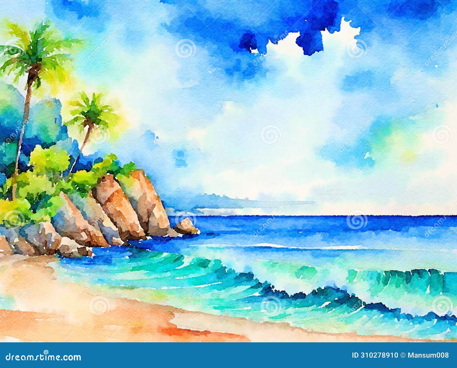 海中海滩的水彩画-海滩水彩画