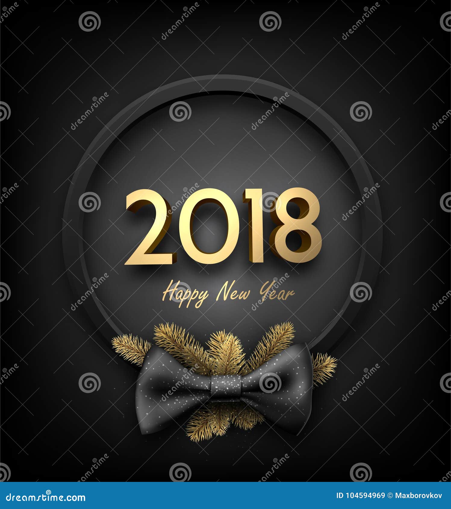 灰色2018新年好背景. 与冷杉分支和弓的灰色和金黄2018新年卡片 也corel凹道例证向量