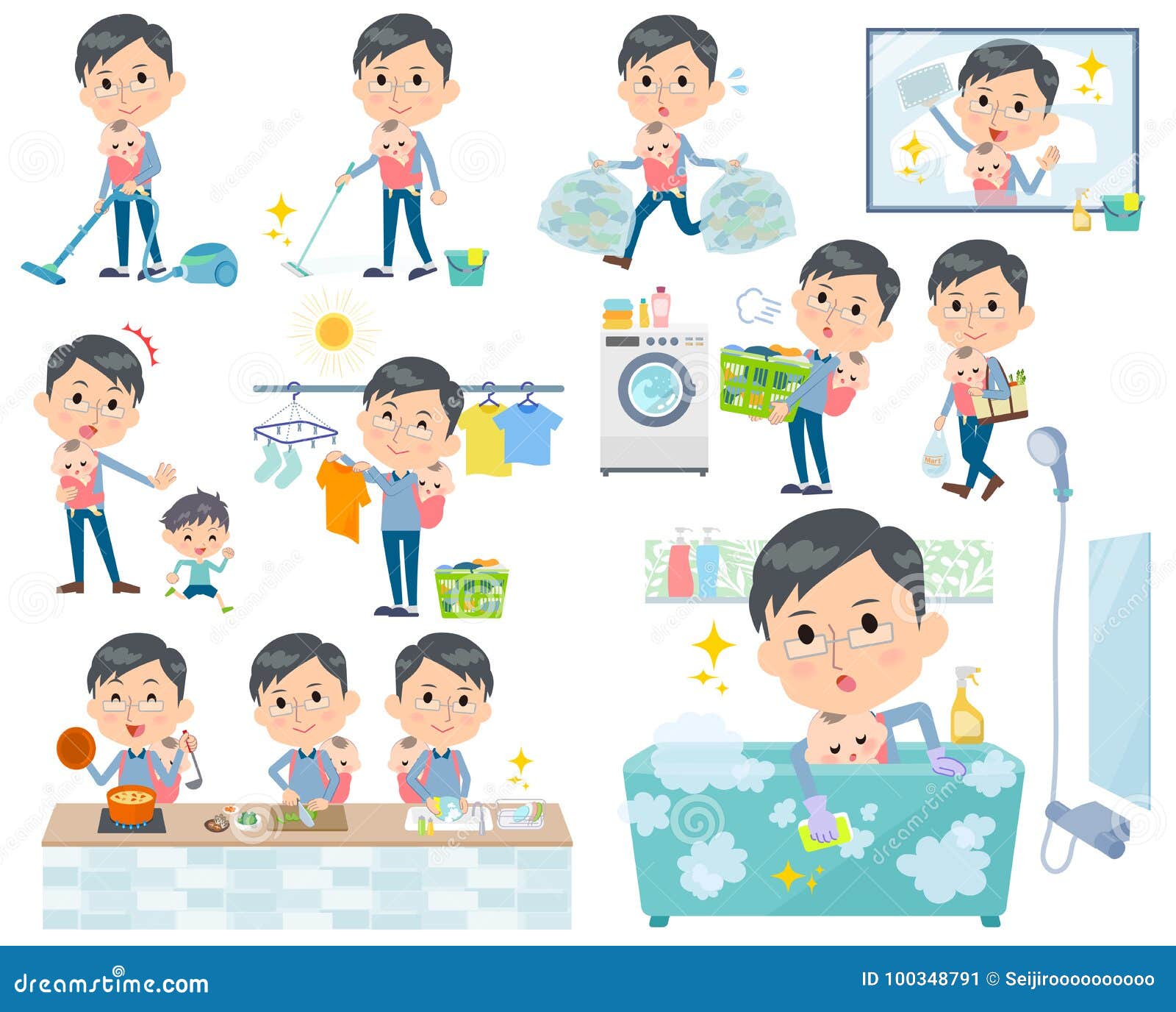 爸爸和baby_housekeeping 向量例证. 插画 包括有 浴室, 楼层, 婴孩, 字符, 系列 100348791