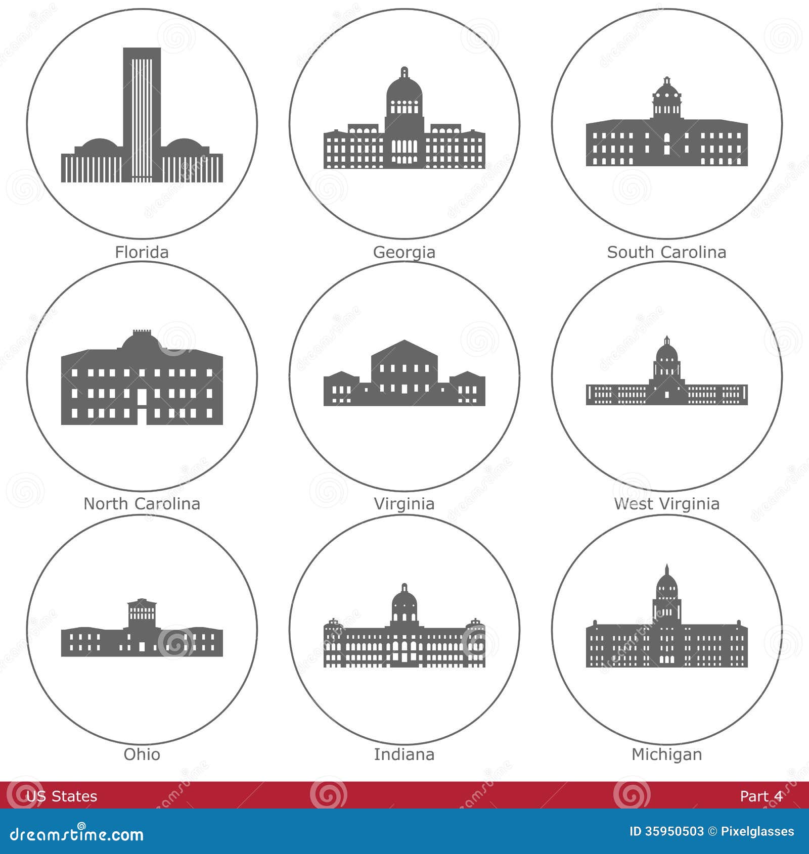 状态国会大厦-象征的美国各州Part4. 美国国会大厦大厦剪影。集合有六部分，并且包含五十个美国各州国会大厦大厦。